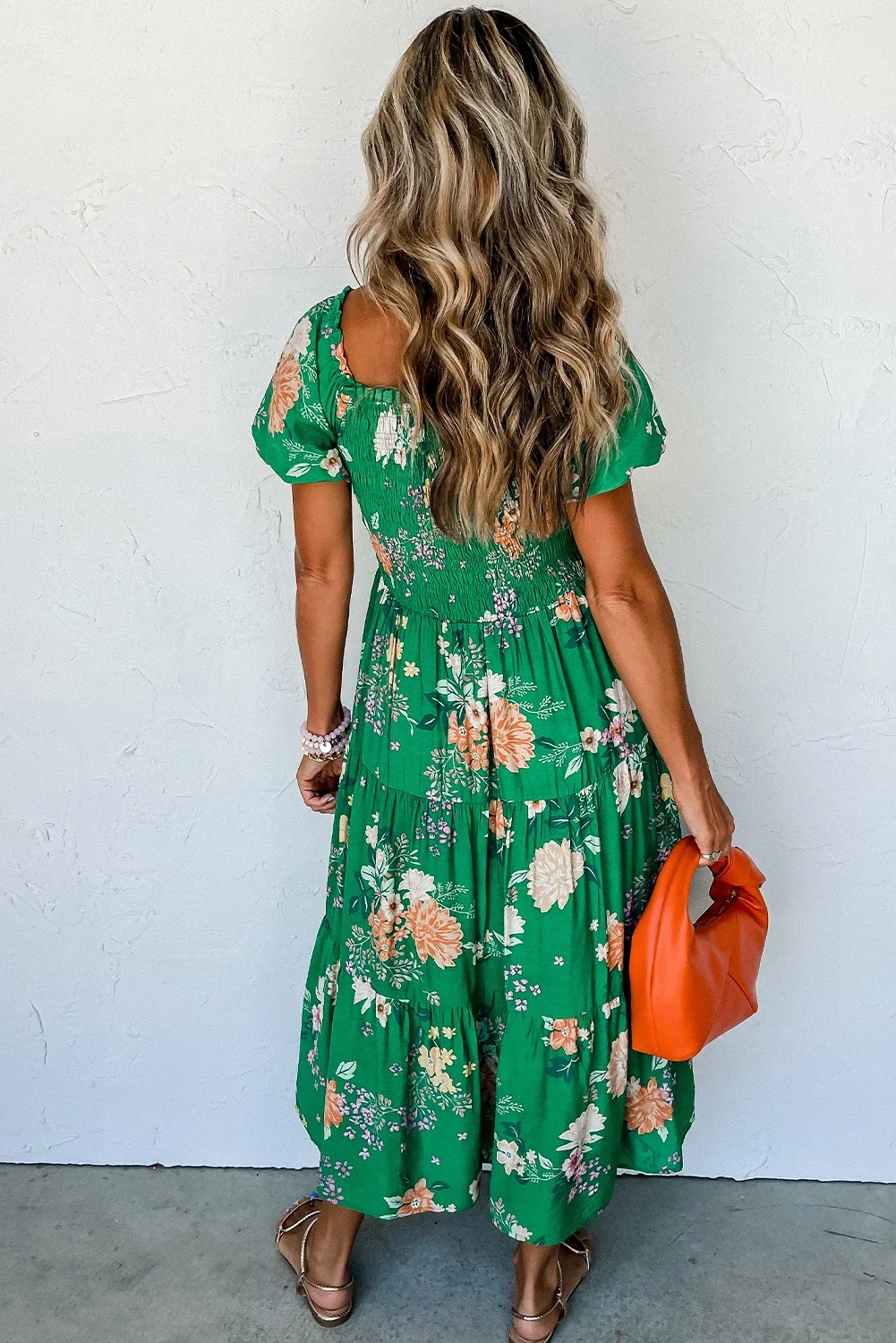 Green Floral Print Bubble Sleeve Smocked Tiered Midi Dress.2.webp