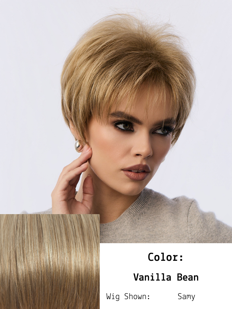 A woman with short, layered blonde hair, wearing silver earrings and a beige sweater, looking to the side with a neutral expression. An inset shows a close-up of blonde hair labeled "Vanilla Bean" and a wig style called "Samy."