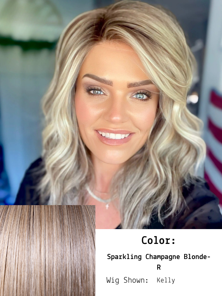 Sparkling Champagne Blonde-R shown in Kelly worn by Brandi. A sophisticated and luminous hair color that combines the effervescence of champagne blonde with the depth of natural roots. It features a harmonious blend of light golden and beige tones, c
