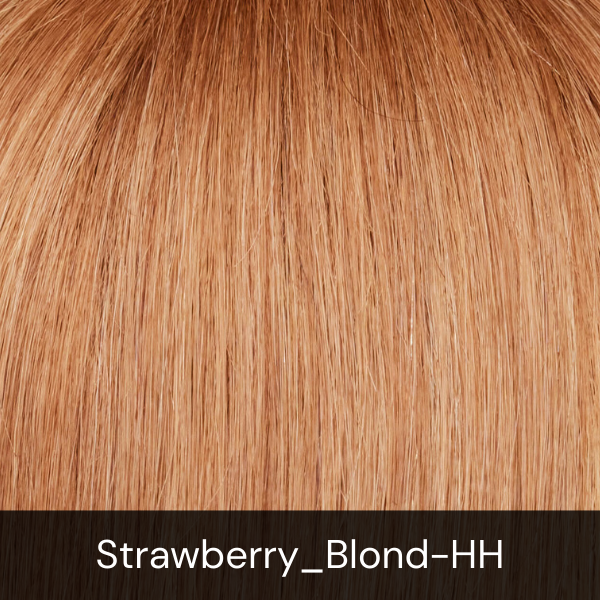 Rene of Paris Human Hair Color labeled 'Strawberry Blond-HH '.  Close-up of strawberry blonde hair.