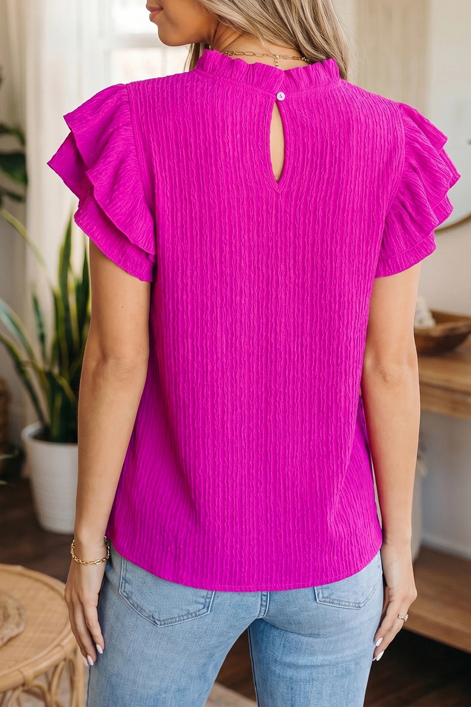 Rose Red Solid Color Textured Ruffle Trim Short Sleeve Blouse.2.webp