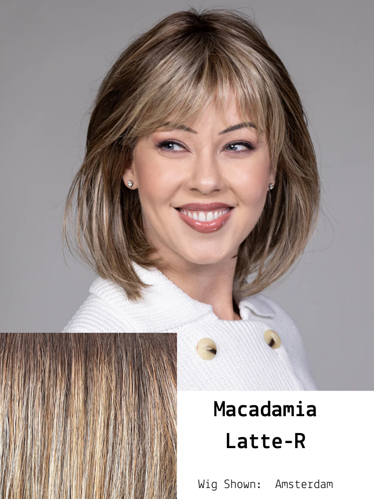 Macadamia Latte-R is a combination of medium and light brown, highlighted with light gold blonde, and a mixture of ash blonde and light gold blonde, rooted with medium and light brown. It is a blend of golden blonde, honey blonde, natural medium blon