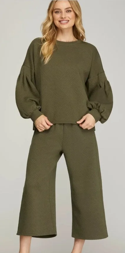 Wild Hem I Olive Textured Balloon Sleeve Pant Set