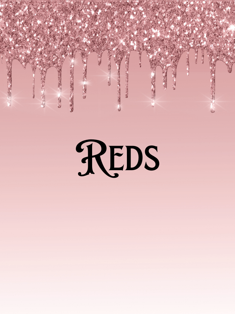 Pink background with glittery, dripping effect at the top and the word 'REDS' in black in the center.