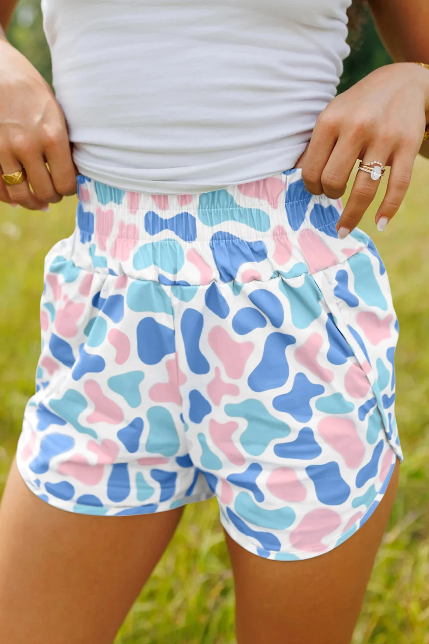 Wild Hem | Sky Blue Camouflage Print Shirred High Waist Athleisure Shorts