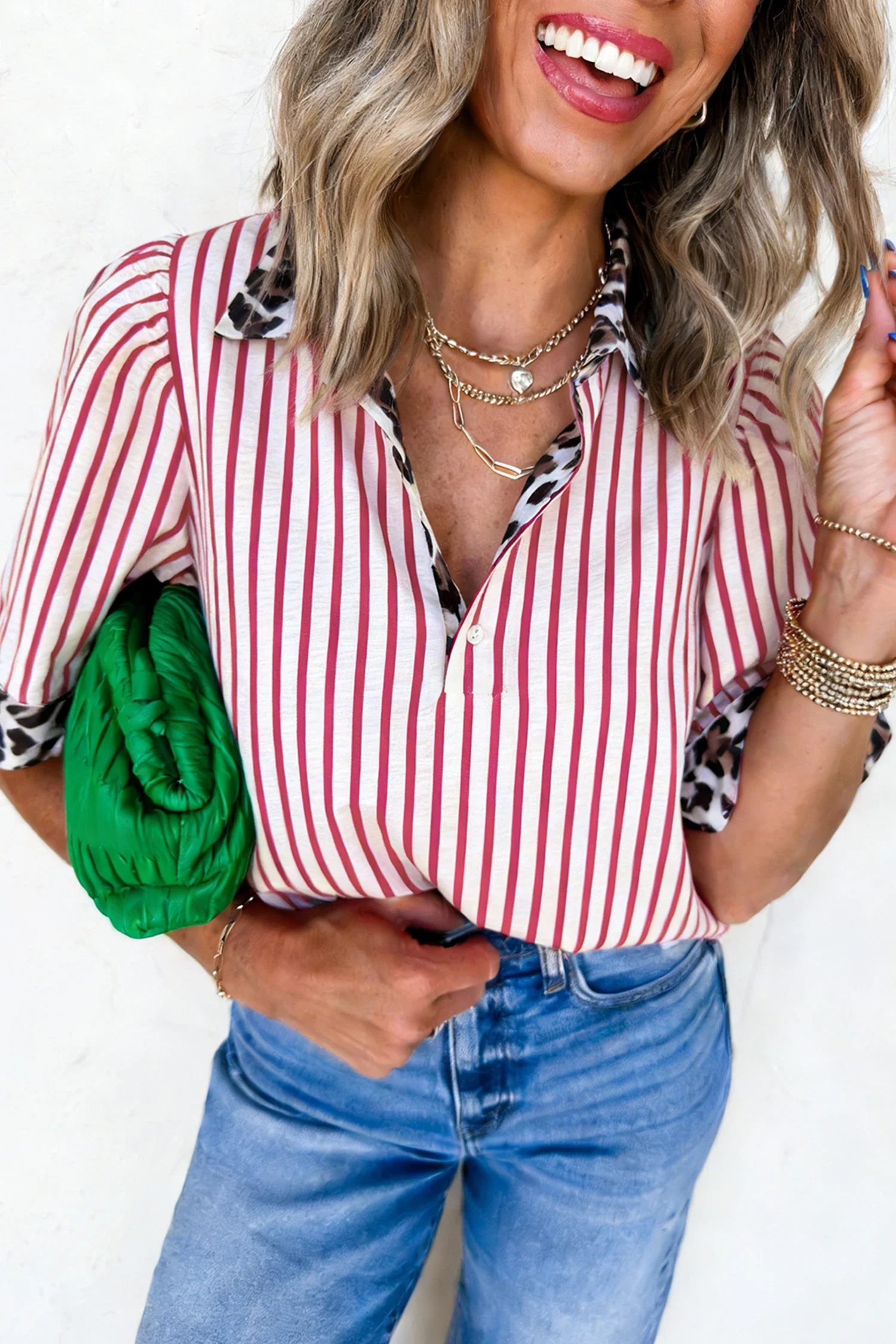 Red Stripe Leopard Contrast Trim Half Button Blouse.webp