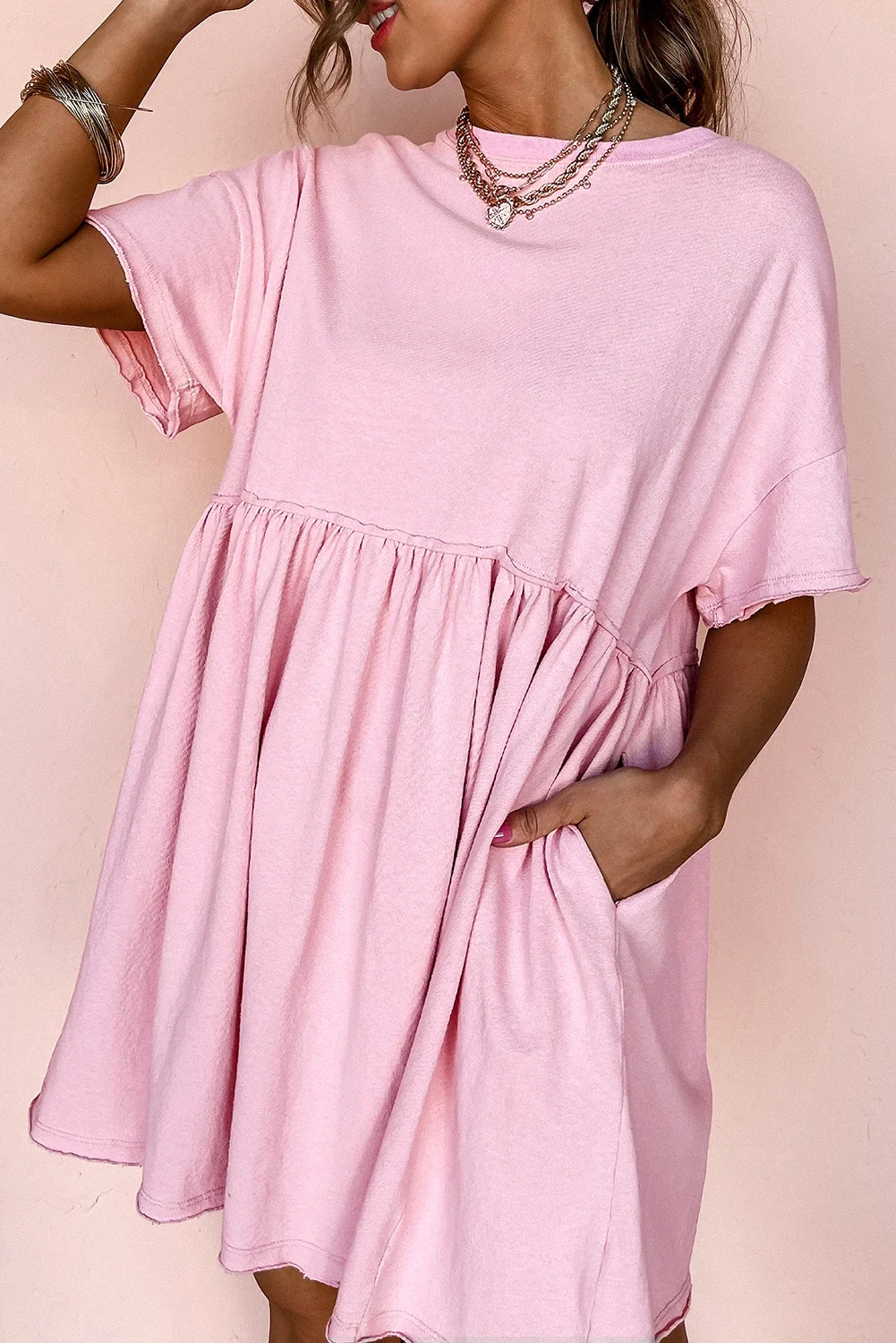Wild Hem | Ballerina Pink Pocketed Raw Edge Babydoll Dress - Oversized Fit