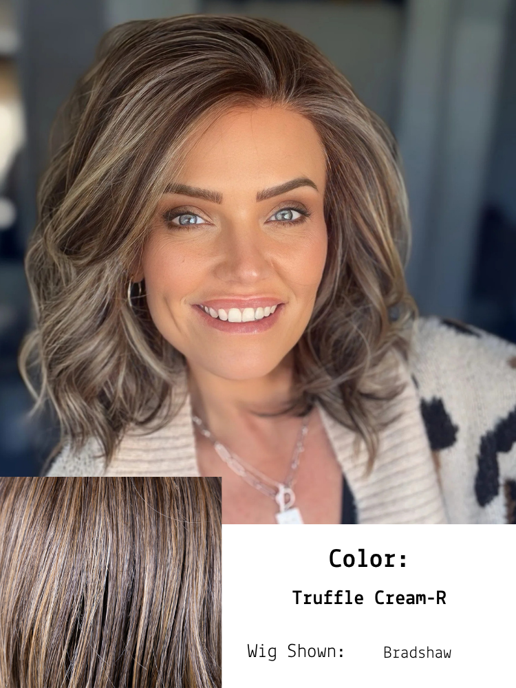 Truffle Cream-R shown in Bradshaw worn by Brandi. A rich, medium brown base (akin to the color of a chocolate truffle) blended with creamy, light blonde highlights. The combination creates a harmonious balance between depth and lightness, resulting i