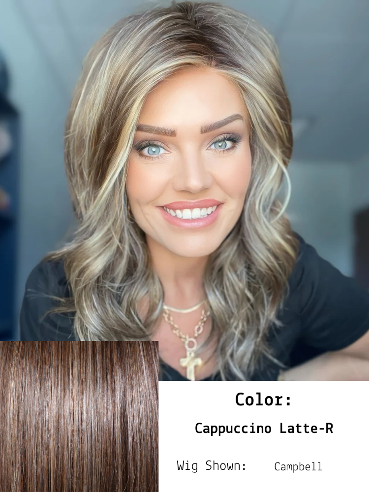 Cappuccino Latte-R shown in Campbell worn by Brandi.  This hair color is a rich and creamy blend inspired by the beloved coffeehouse favorite. The roots start with a deep, espresso-brown tone, adding depth and dimension. This seamlessly transitions i
