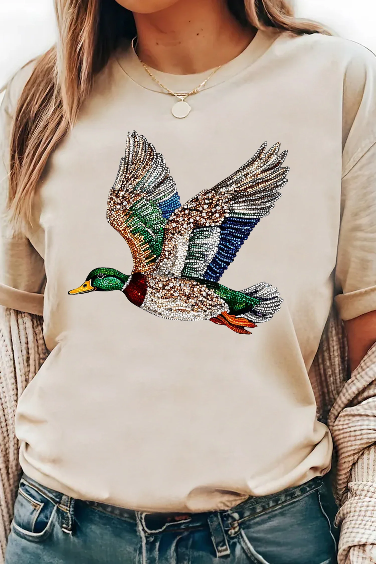 Wild Hem | Khaki Flying Mallard Print Crew Neck T Shirt