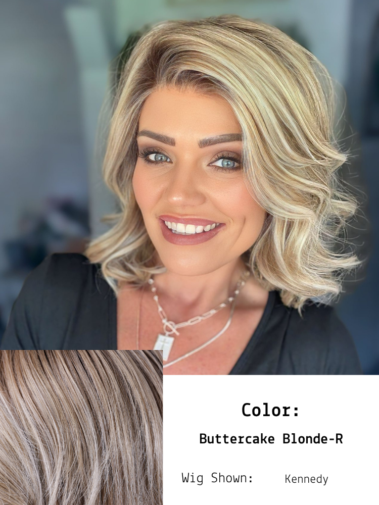 Buttercake Blonde-R shown in Kennedy worn by Brandi. This shade features a neutral to warm blend, combining tones of light brown (10), medium ash blonde (23), and lightest blonde (88), with darker roots (8). The result is a harmonious mix that offers