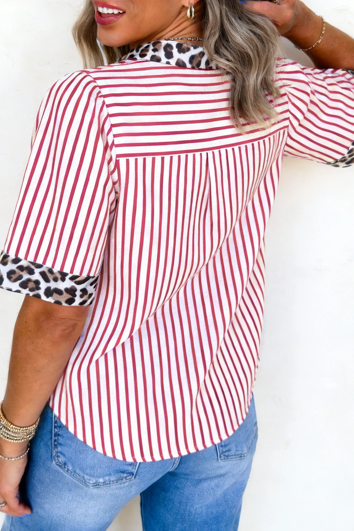 Red Stripe Leopard Contrast Trim Half Button Blouse.2.webp