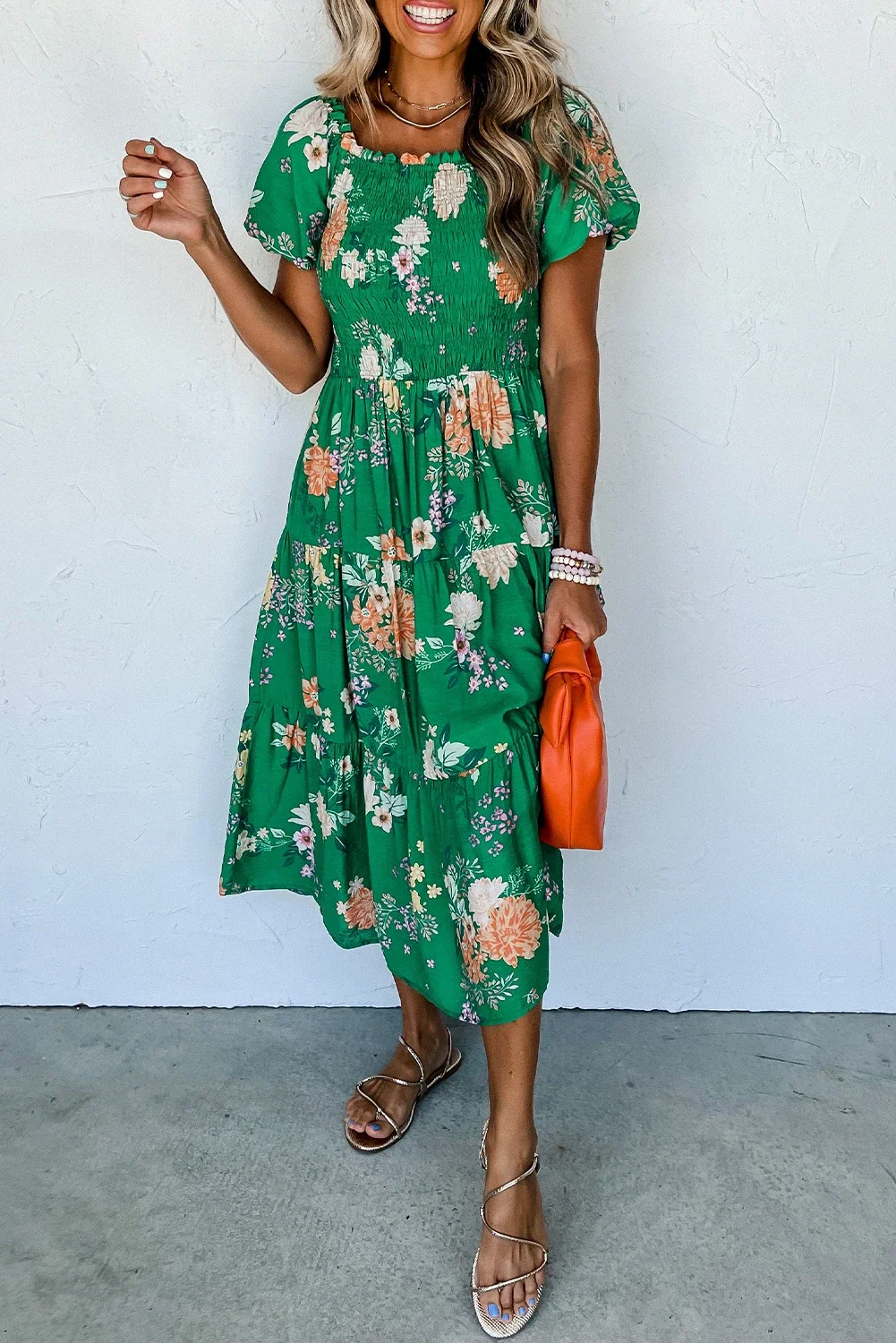 Wild Hem | Green Floral Print Bubble Sleeve Smocked Tiered Midi Dress