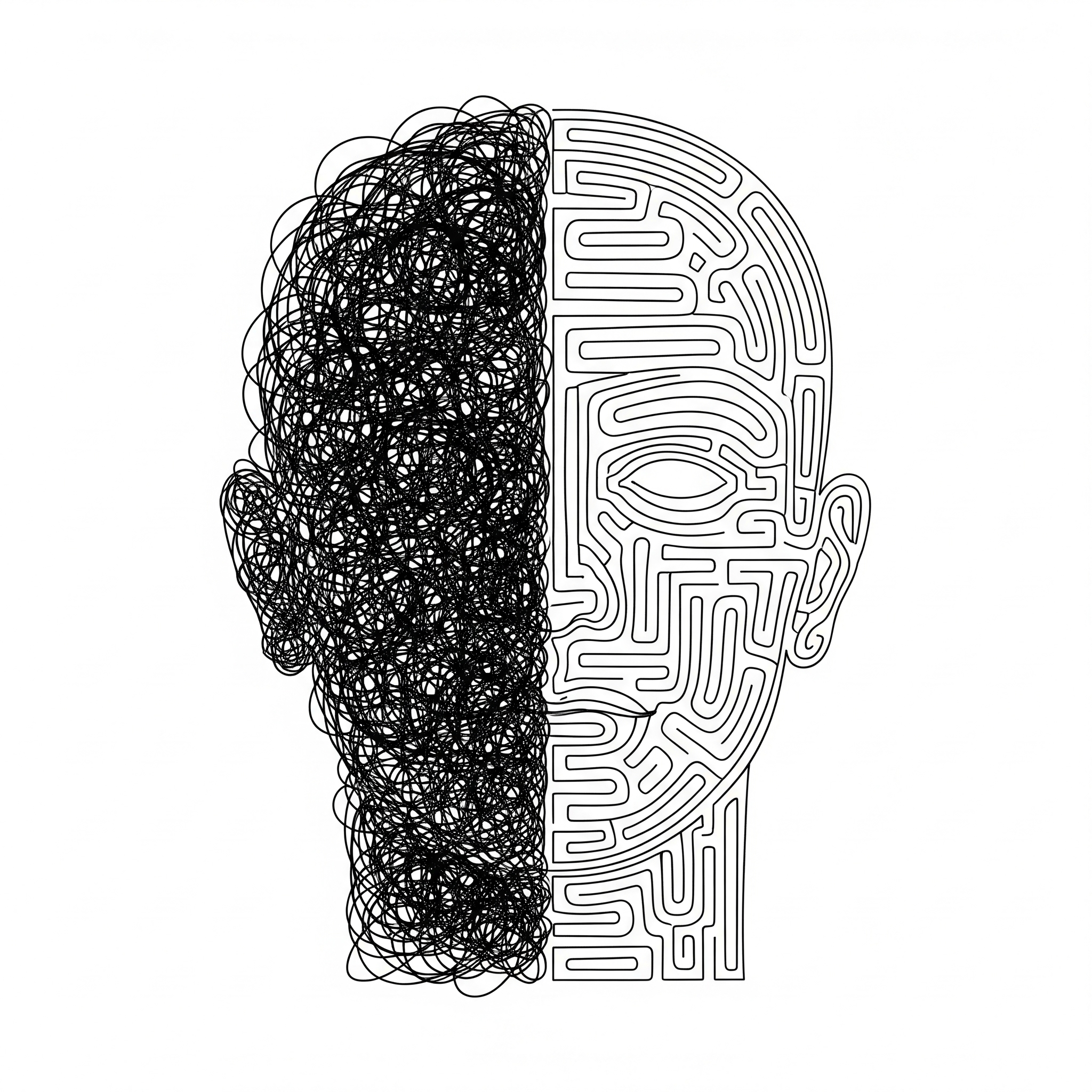A human head silhouette is vertically divided. One side shows chaotic, tangled lines, while the other side contains neatly organized, clear lines, symbolizing a shift from confusion to clarity.