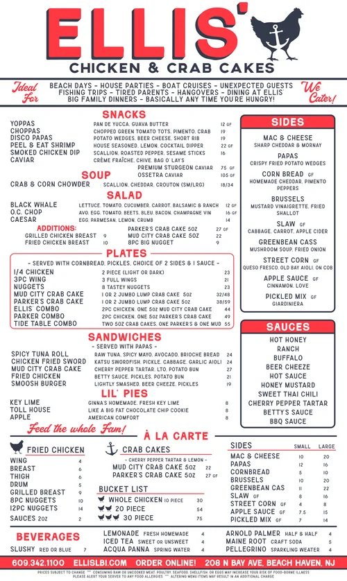 Ellipsys Menu MENU — Ellis' Chicken & Crab Cakes