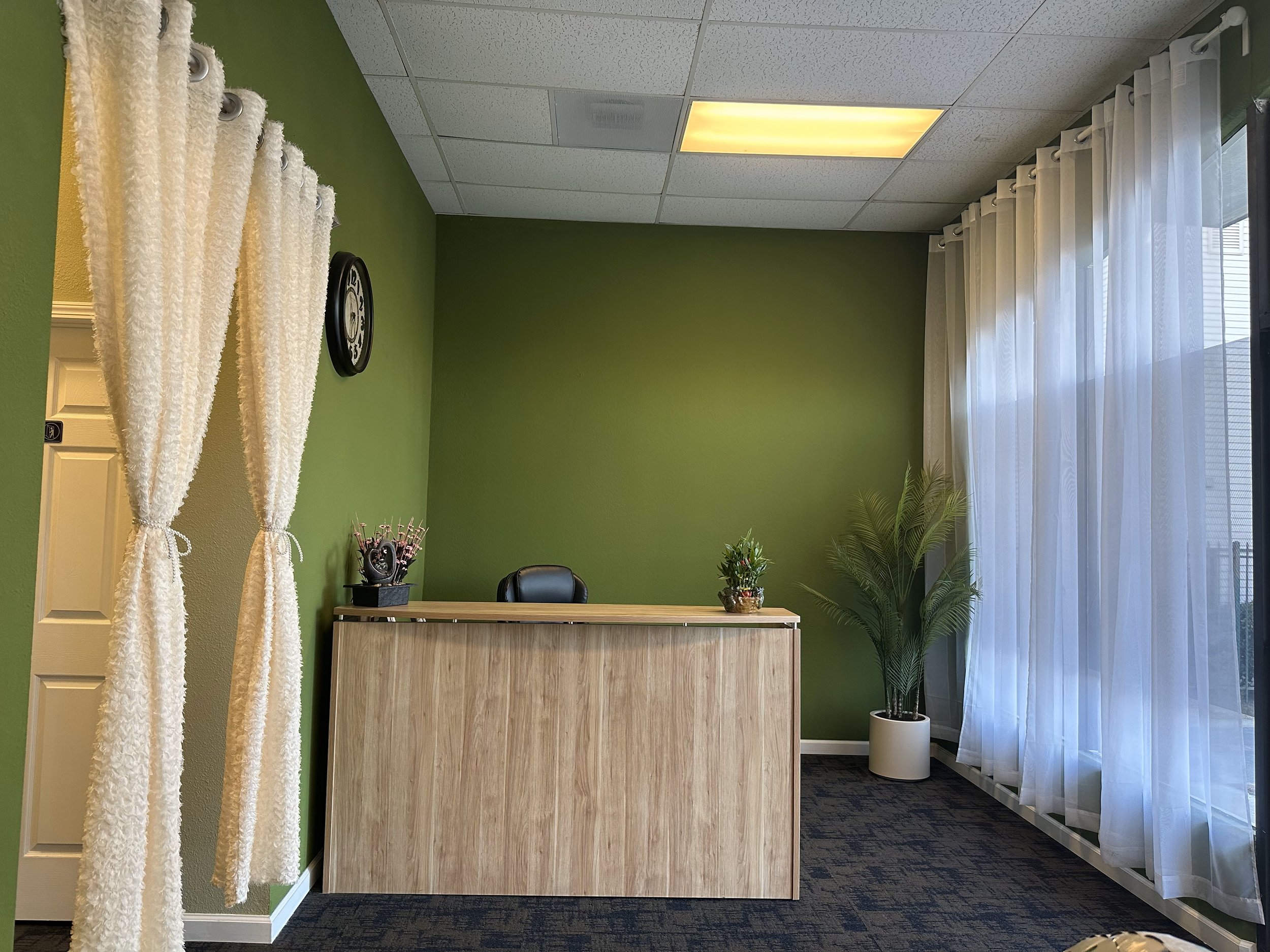 Reception desk in a small office with green walls, wooden counter, white sheer curtains, a wall clock, and potted plants.