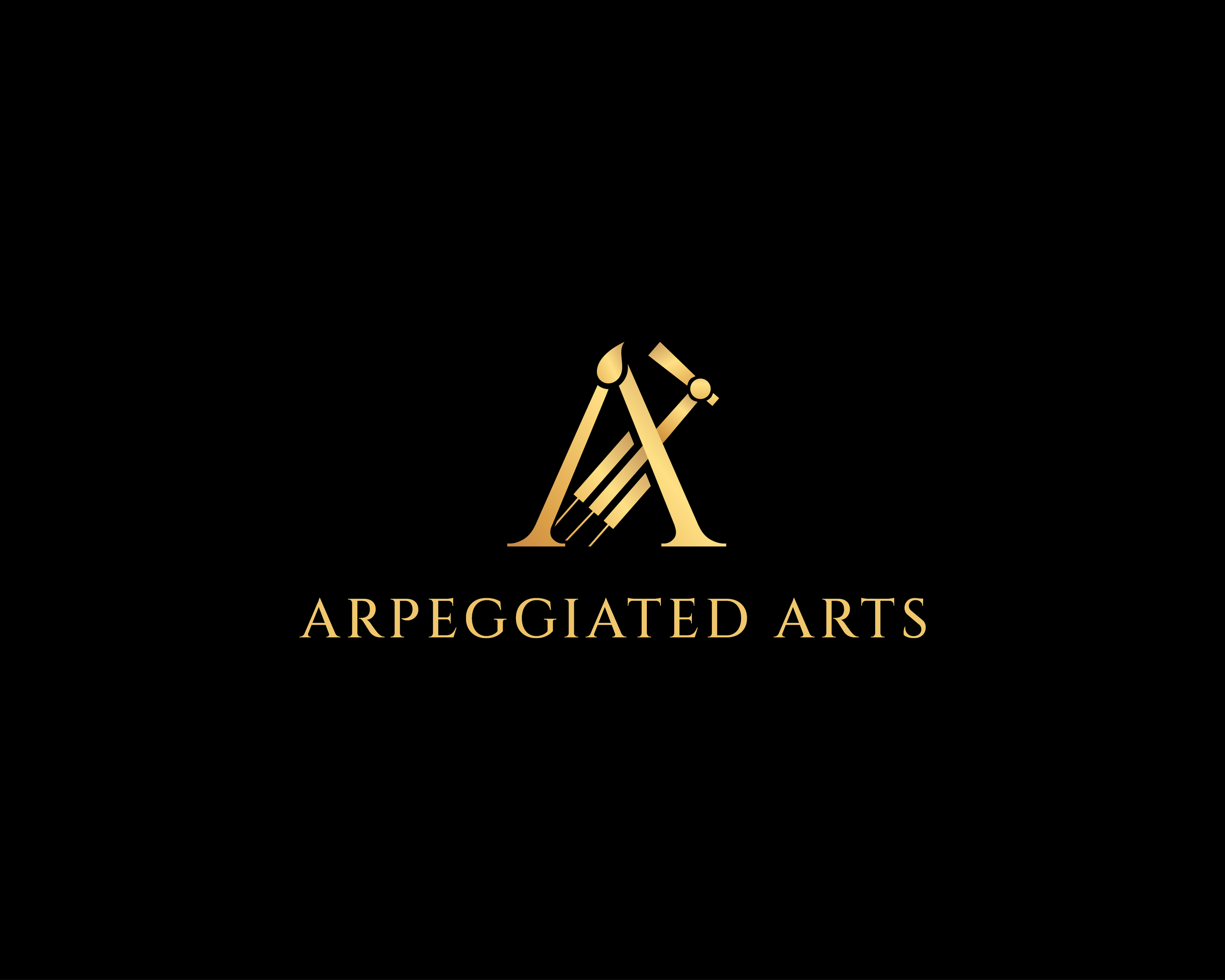 Black background with gold logo of paintbrushes forming the letter 'A' and the text 'ARPEGGIATED ARTS' beneath in gold.