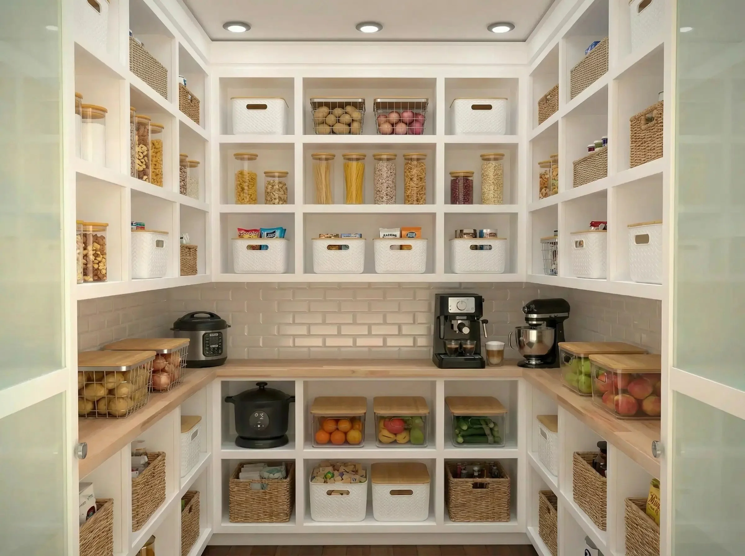 A well-organized pantry with white shelves filled with clear jars of pasta, grains, and snacks, along with woven and white storage baskets, a countertop with small kitchen appliances, and baskets of fresh produce.