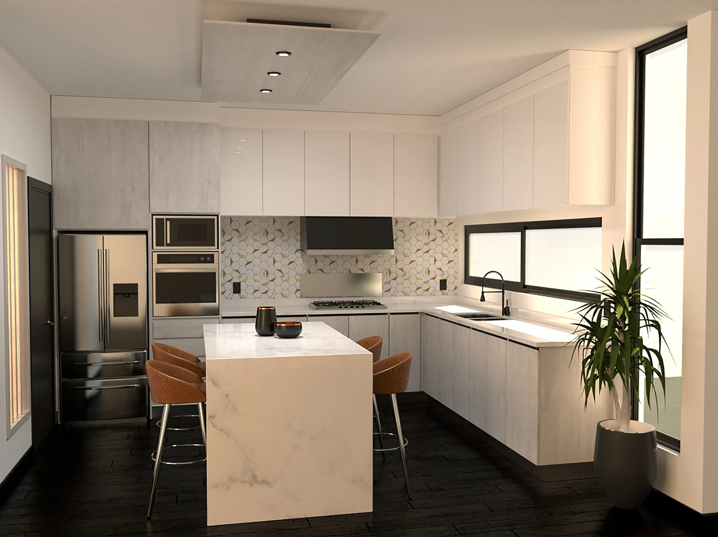 Modern kitchen with white cabinets, black window frames, marble island, brown chairs, stainless steel appliances, and a potted plant.