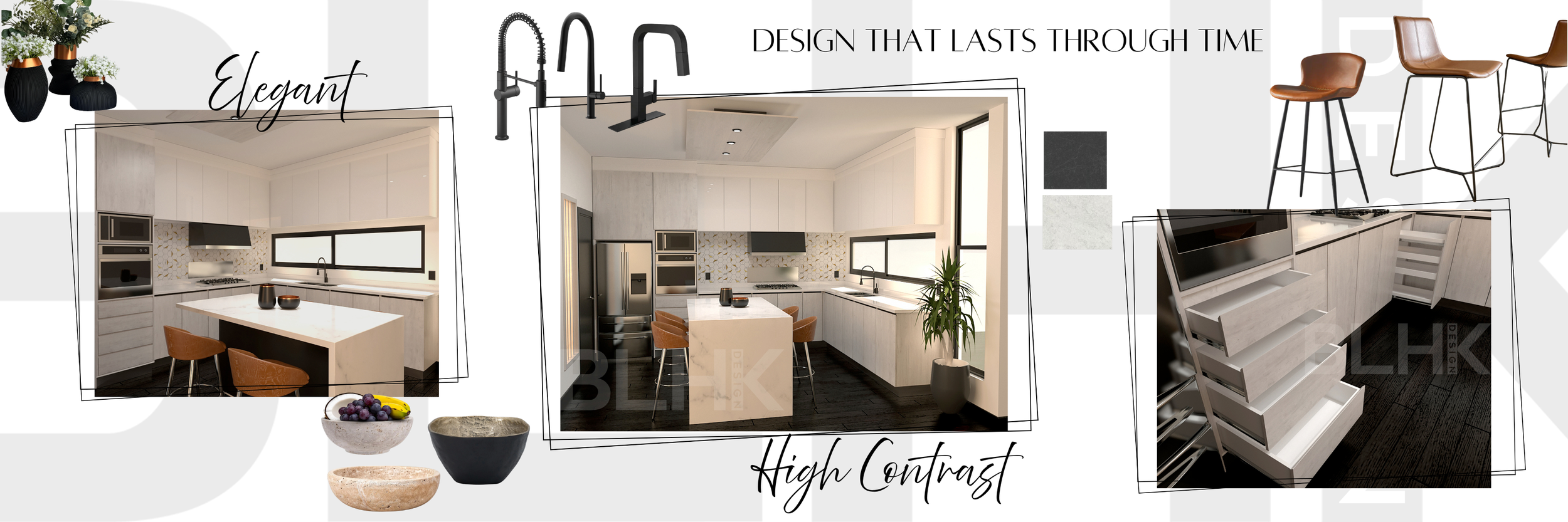 Collage of modern kitchen designs with white cabinets, black countertops, and black appliances. Decor includes black vases with flowers, bowls of fruit, and sketches of trendy stools and cabinet drawers. Text overlays read 'Elegant' and 'Design That Lasts Through Time' and 'High Contrast'.