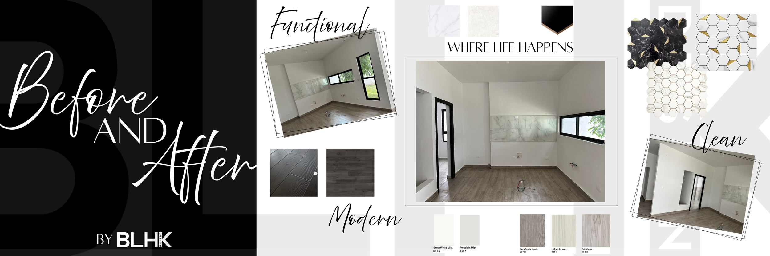 Before and after images of a room renovation showing a transition from a cluttered, unfinished space with patches and materials to a clean, modern, and finished room with white walls, wooden flooring, and large windows.
