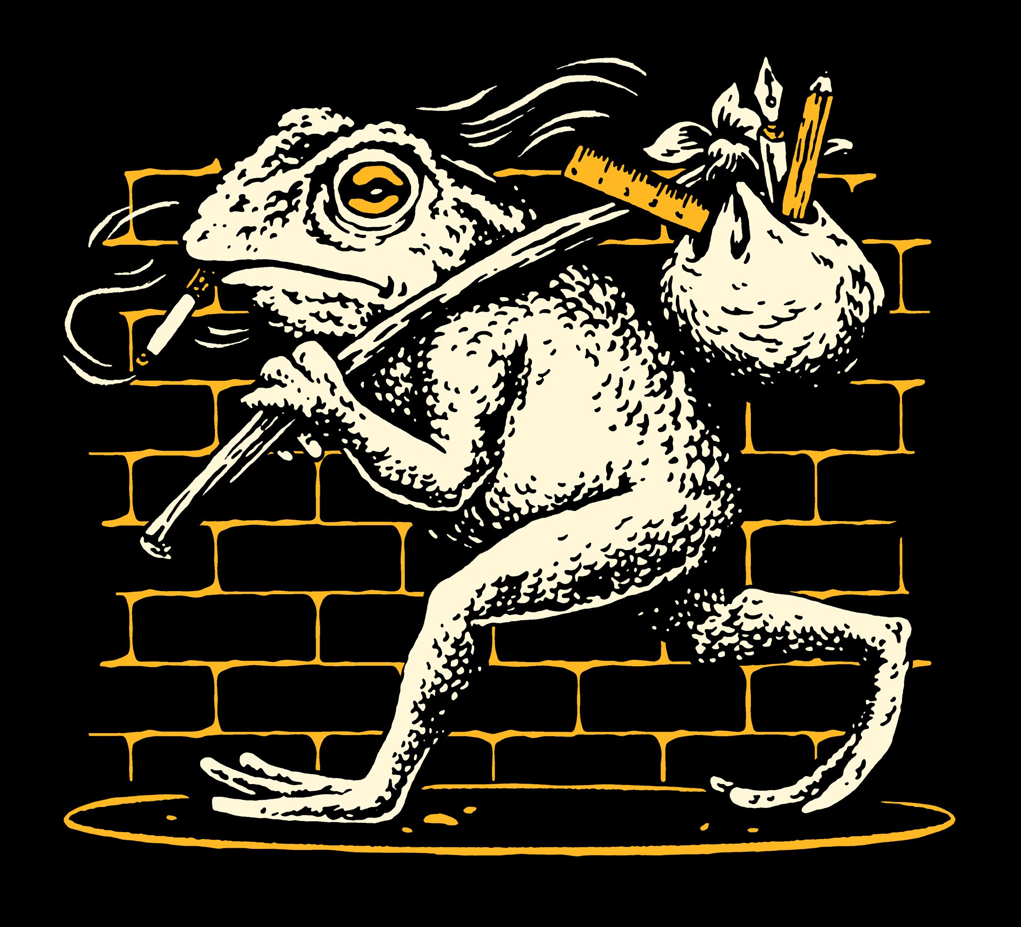Illustration of a rat smoking a cigarette while holding a ruler and pencils, with a brick wall background.