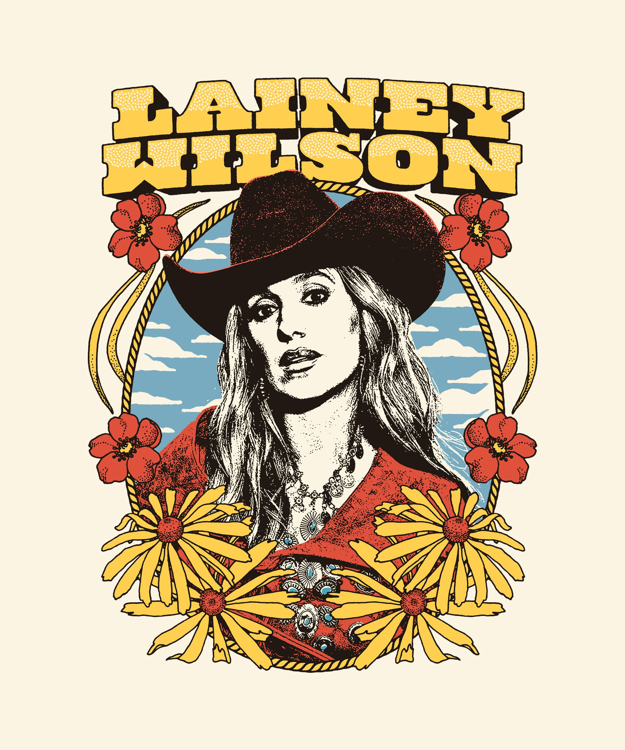 A vintage-style poster of a woman wearing a wide-brimmed hat, surrounded by yellow flowers, with bold yellow text at the top reading 'Lancey Wilson'.