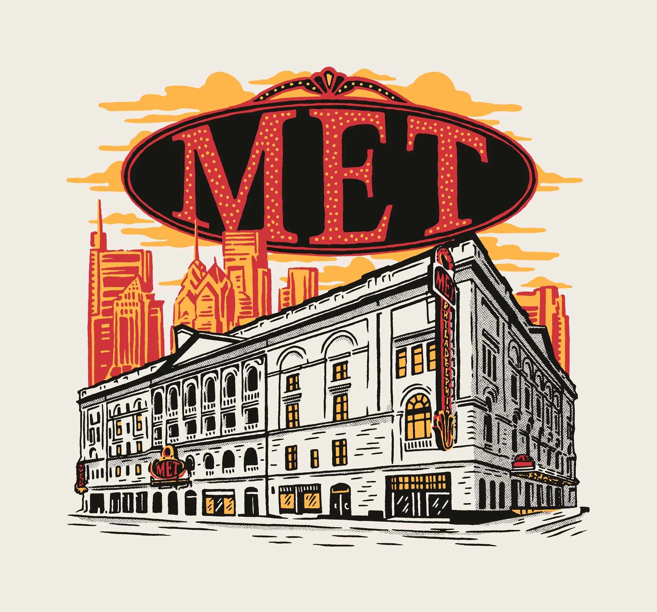 Illustration of a cityscape featuring a large building with a clock and the word "MET" on the side, and a large sign displaying "Mets" sign at the top, with stylized skyline and a sunset in the background.