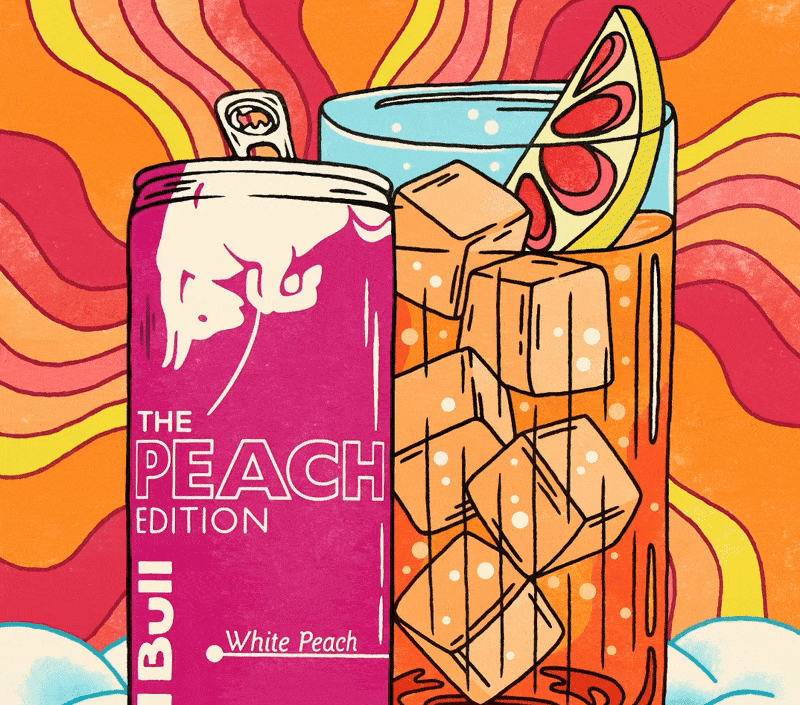 A pink can of White Peach flavored White Claw sparkling water, a glass with peach slices, ice cubes, and bubbles, set against an abstract, colorful background.