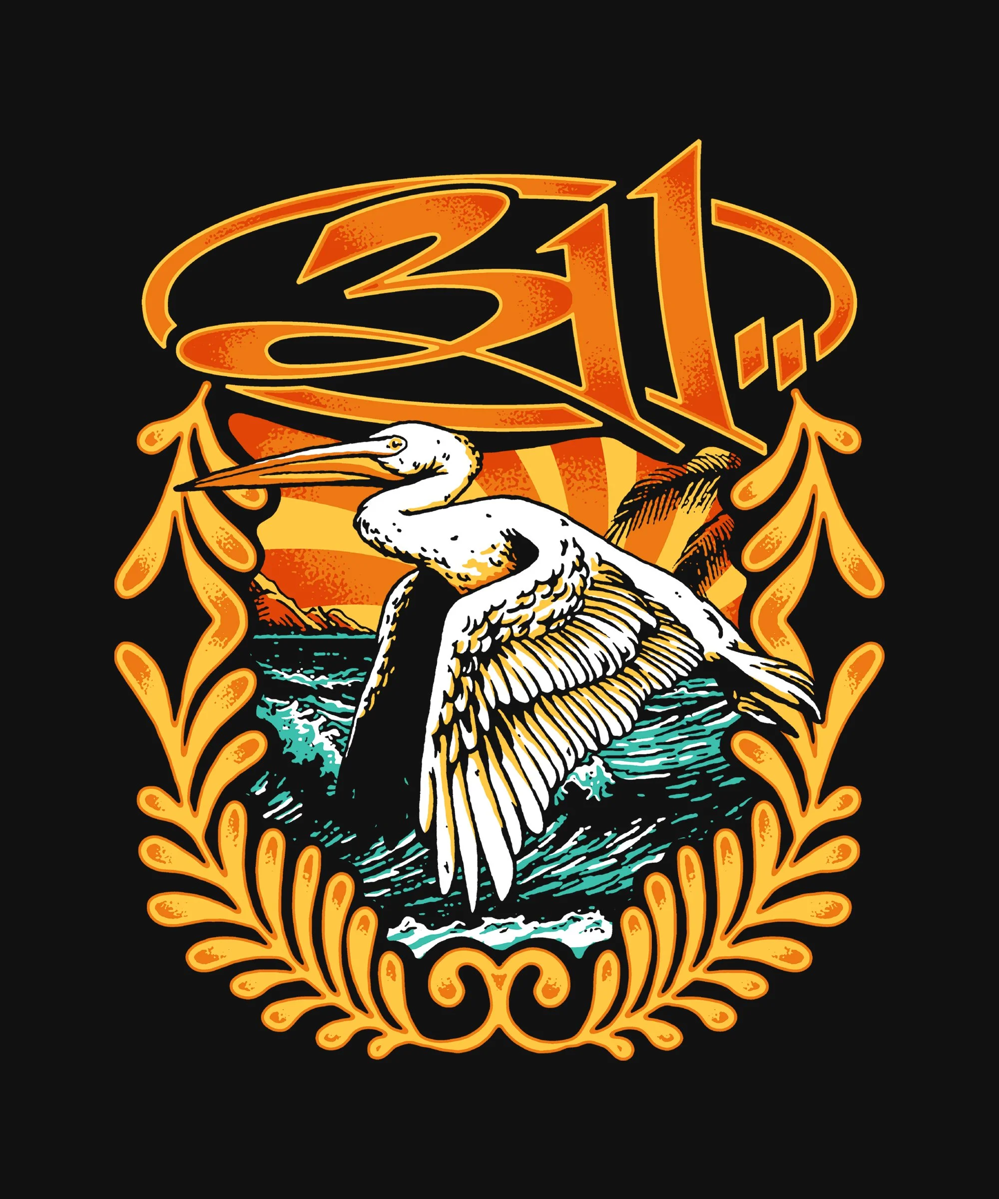 A vintage-style emblem featuring a heron standing in water, surrounded by decorative orange filigree and the text '321' in a stylized font.