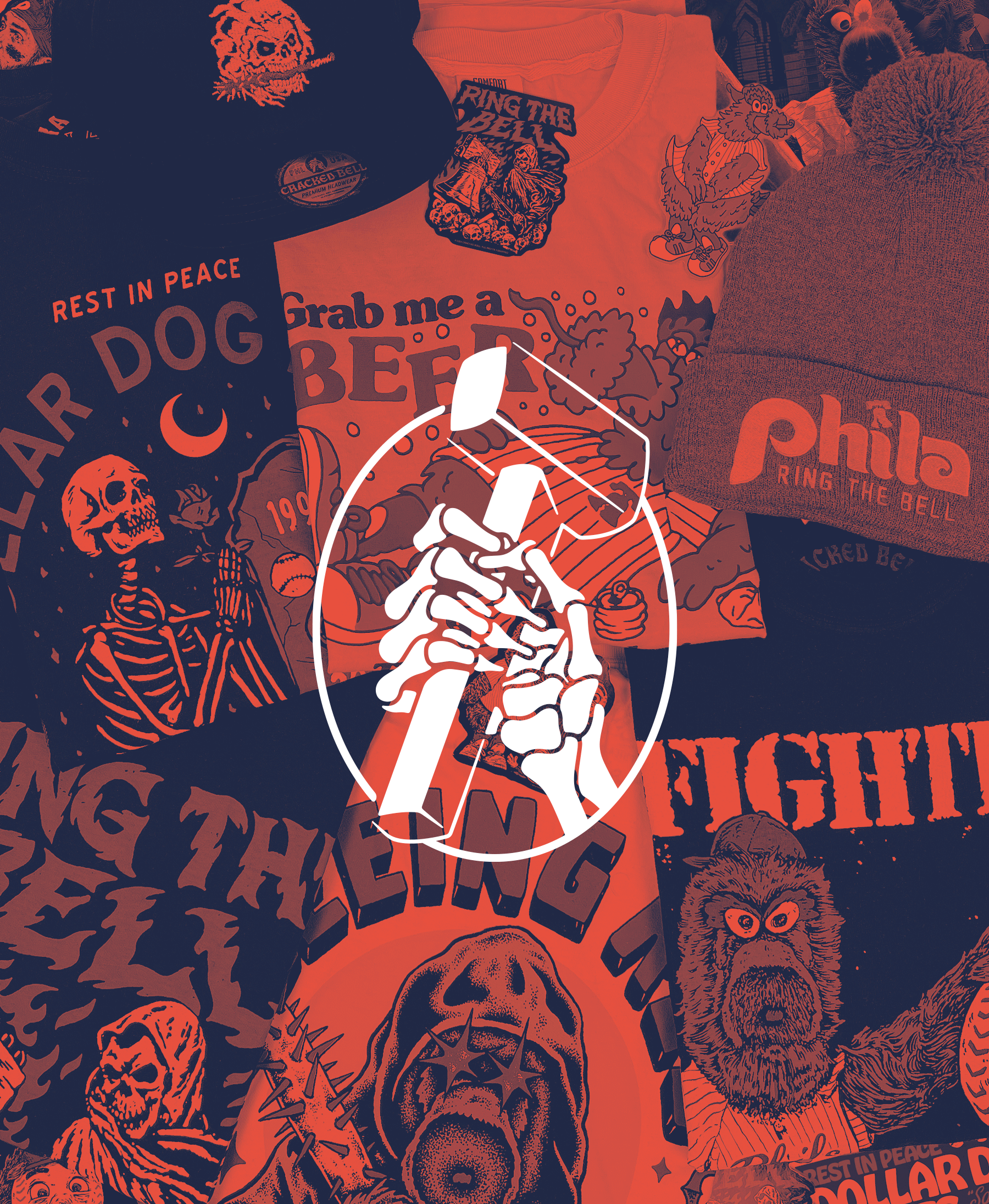 Collection of clothing and accessories with Halloween and horror-themed graphics, including skulls, skeletons, a bear, and text with phrases like 'Rest in Peace' and 'Grab me a Beer.'