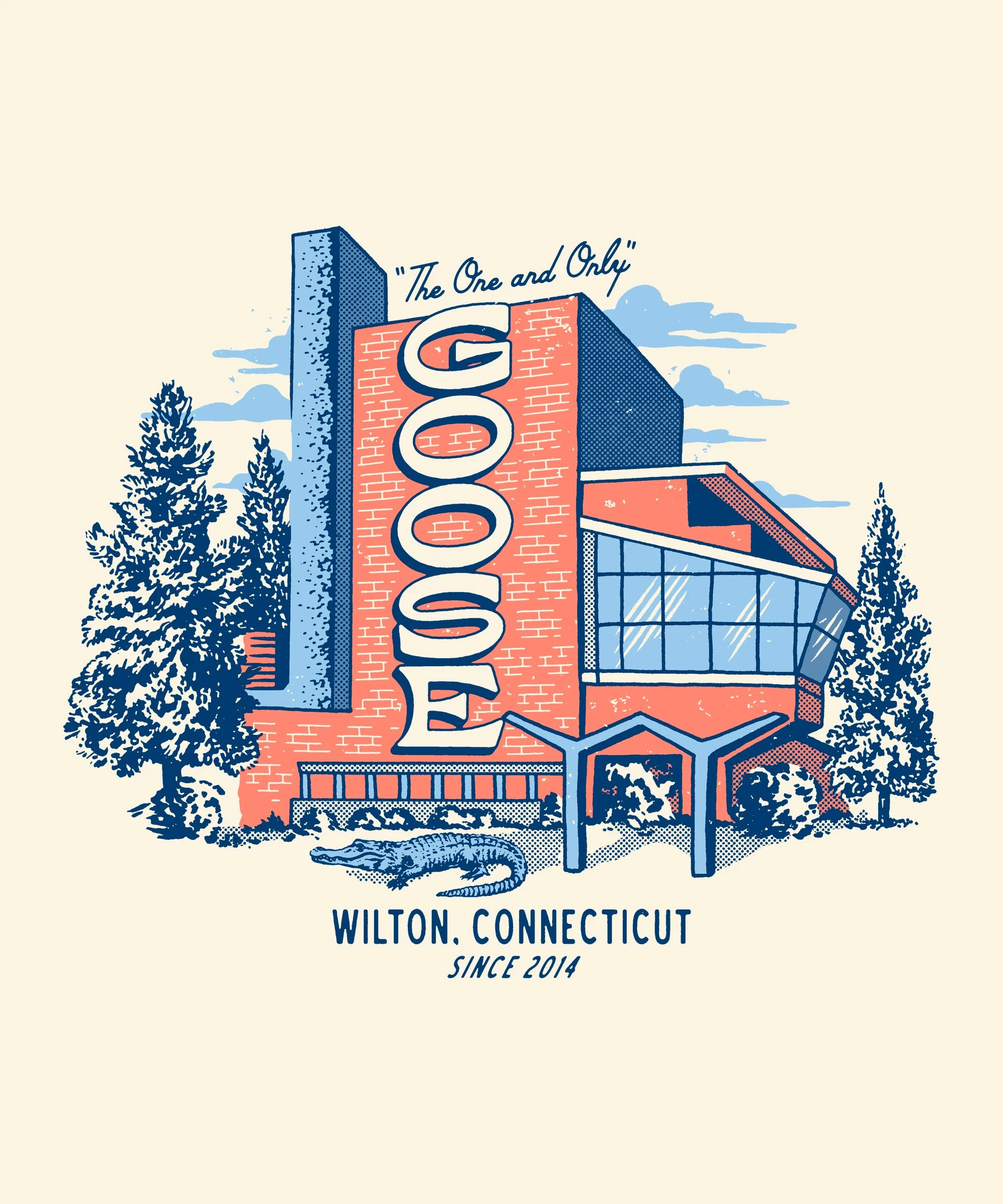Illustration of a building with a large sign reading Wilton Connect, surrounded by trees and a crocodile at the bottom, with text indicating Wilton, Connecticut since 2014.