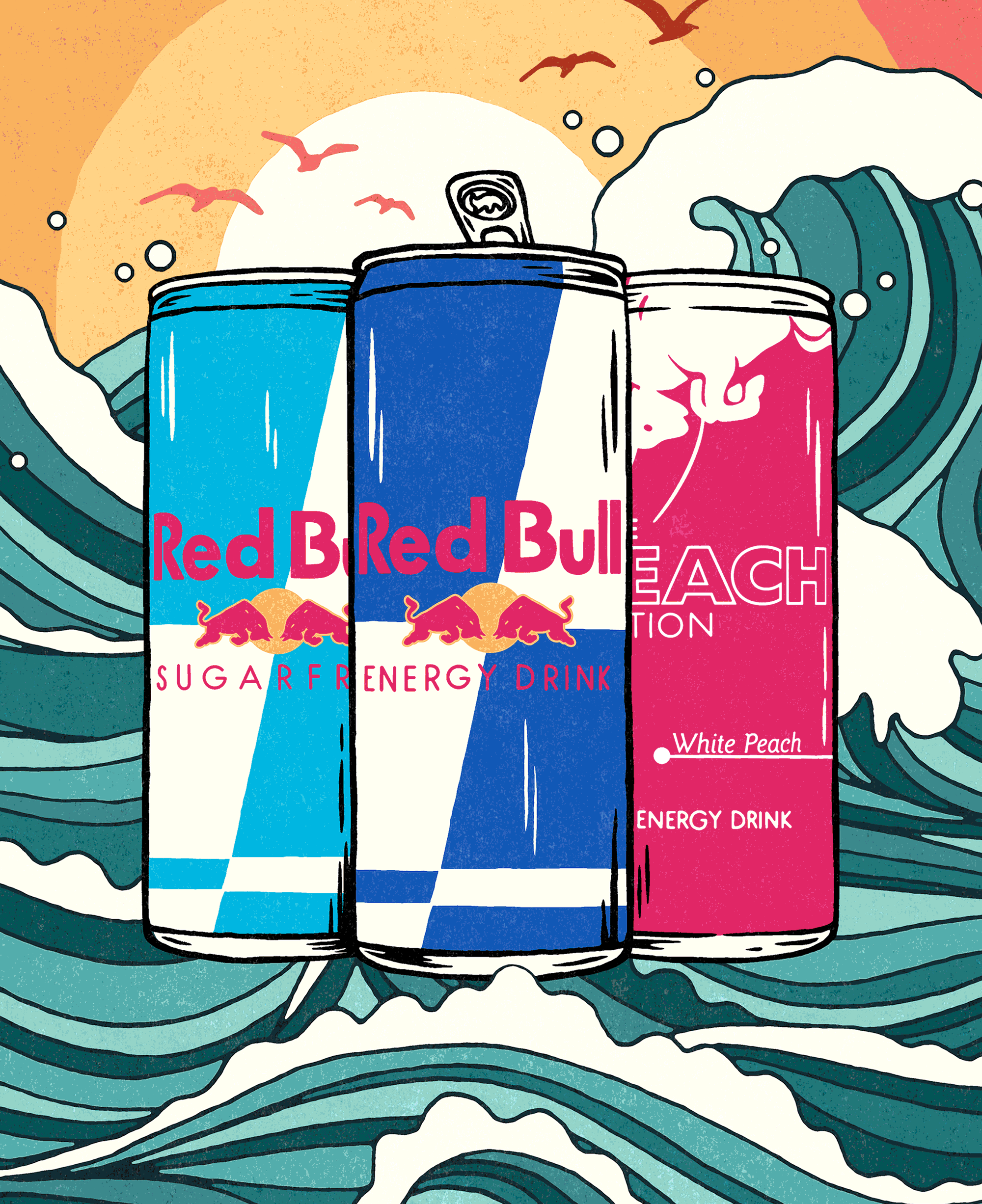 Illustration of three Red Bull energy drink cans with ocean waves and a setting sun in the background.