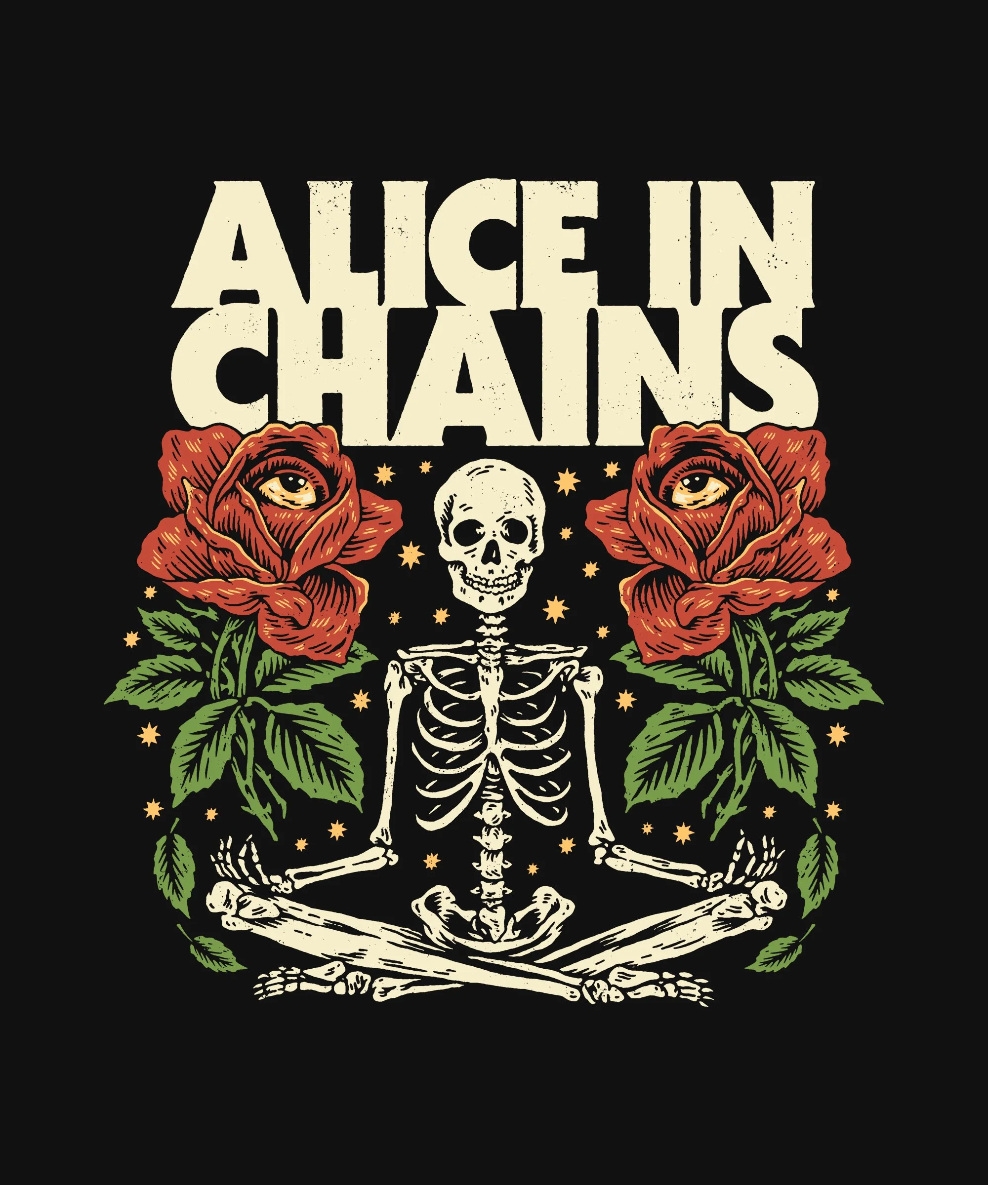A skeleton sitting cross-legged surrounded by roses and small stars, with large text above that reads 'ALICE IN CHAINS' against a black background.
