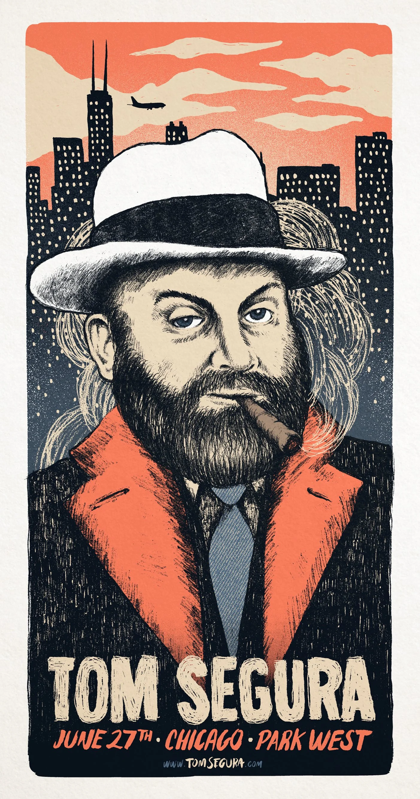 Poster advertising a concert by Tom Segura on June 27th at Chicago Park West. The poster features a stylized illustration of Tom Segura with a beard, wearing a hat and smoking a cigar, set against a cityscape with tall buildings and an airplane flying in the sky, all in a vintage style with orange, black, and beige colors.