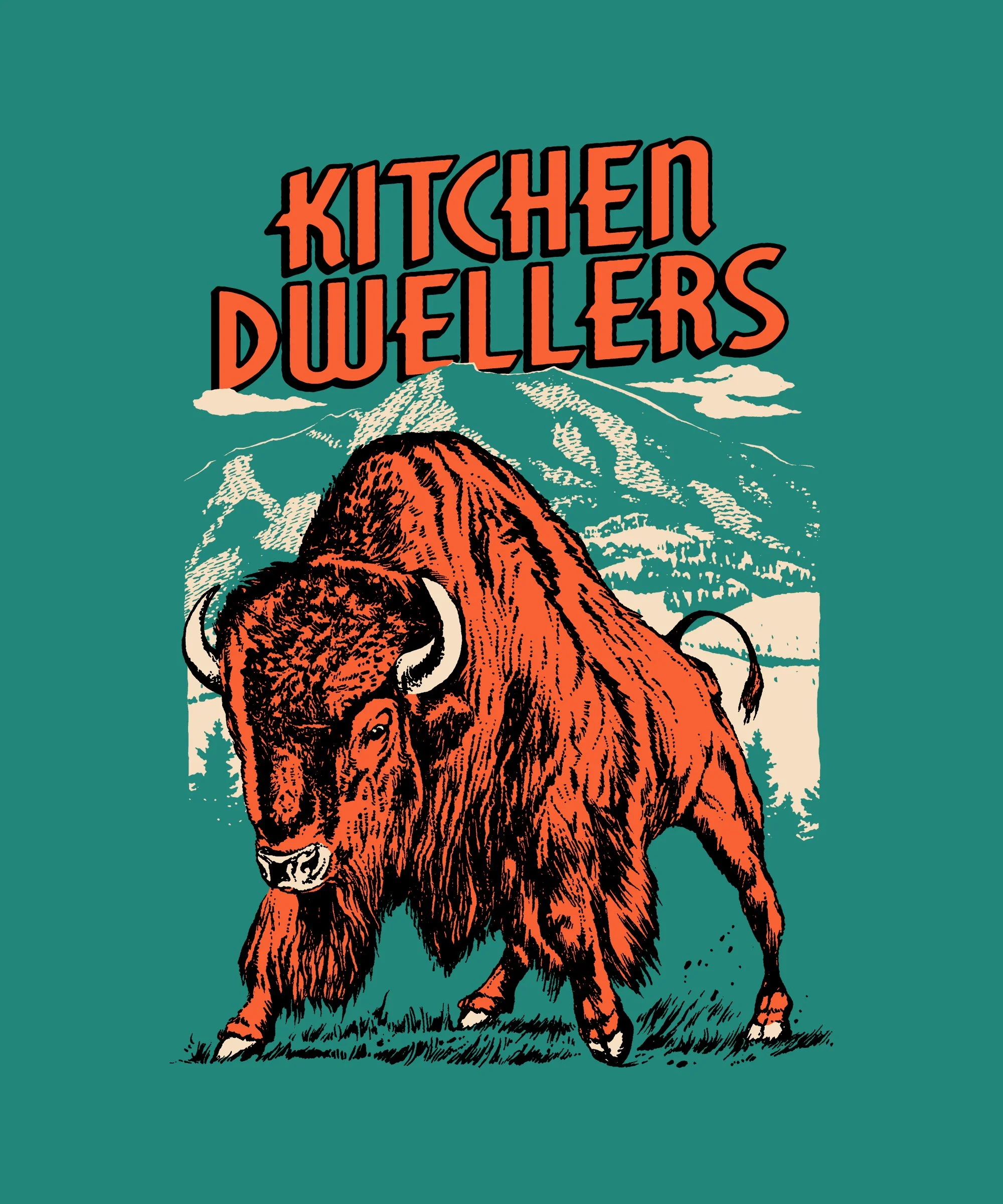 Illustration of a mountain behind a bison, with the title 'Kitchen Dwellers' written in bold orange letters at the top.