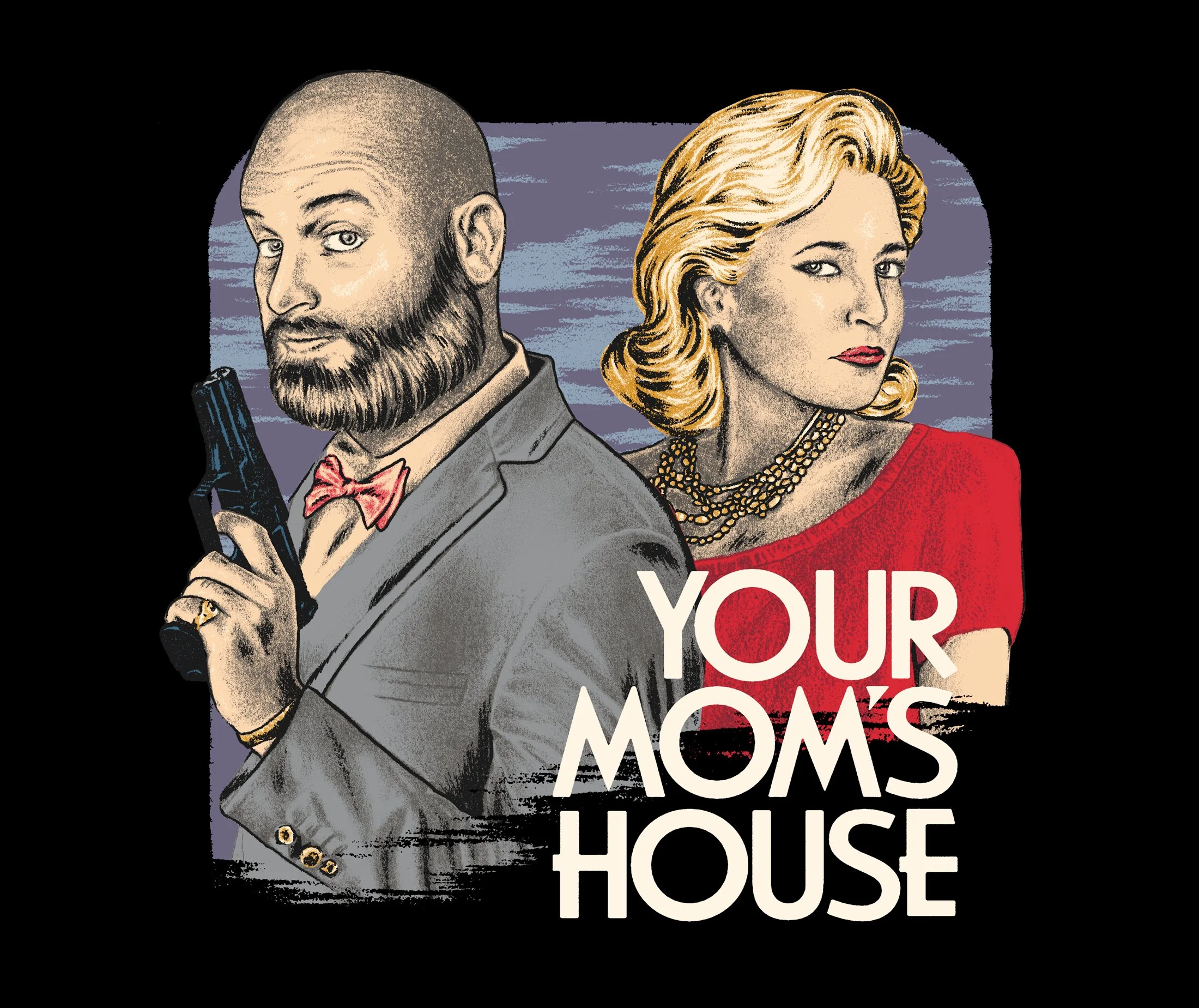 Illustration of a bearded man in a suit holding a gun and a woman with blonde hair in a red dress, with text overlay about an auction house.