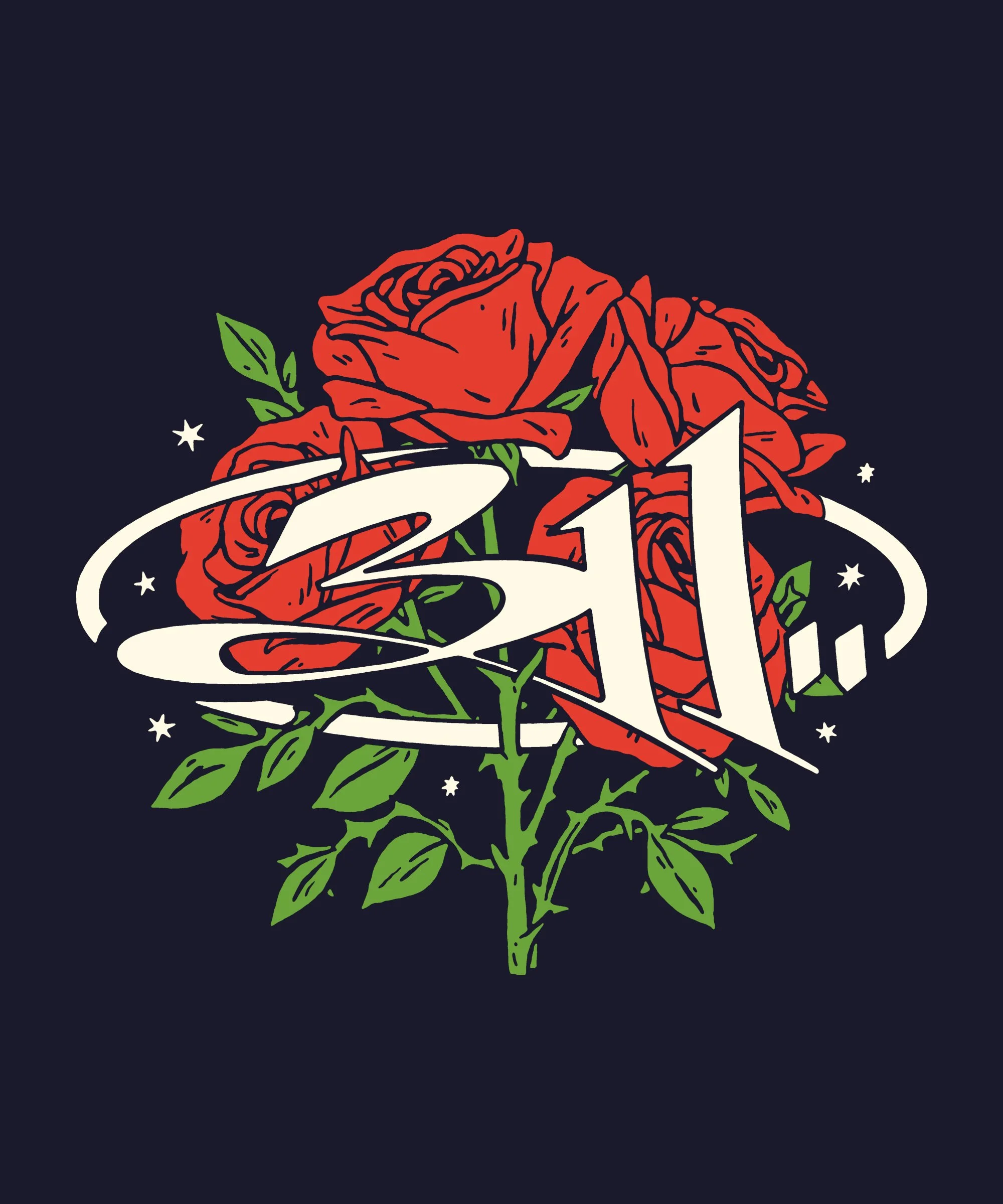 A graphic illustration of red roses with green leaves, surrounded by white stars and a white circular ribbon, with large white numbers 14 and 11 overlapping the flower design on a dark background.