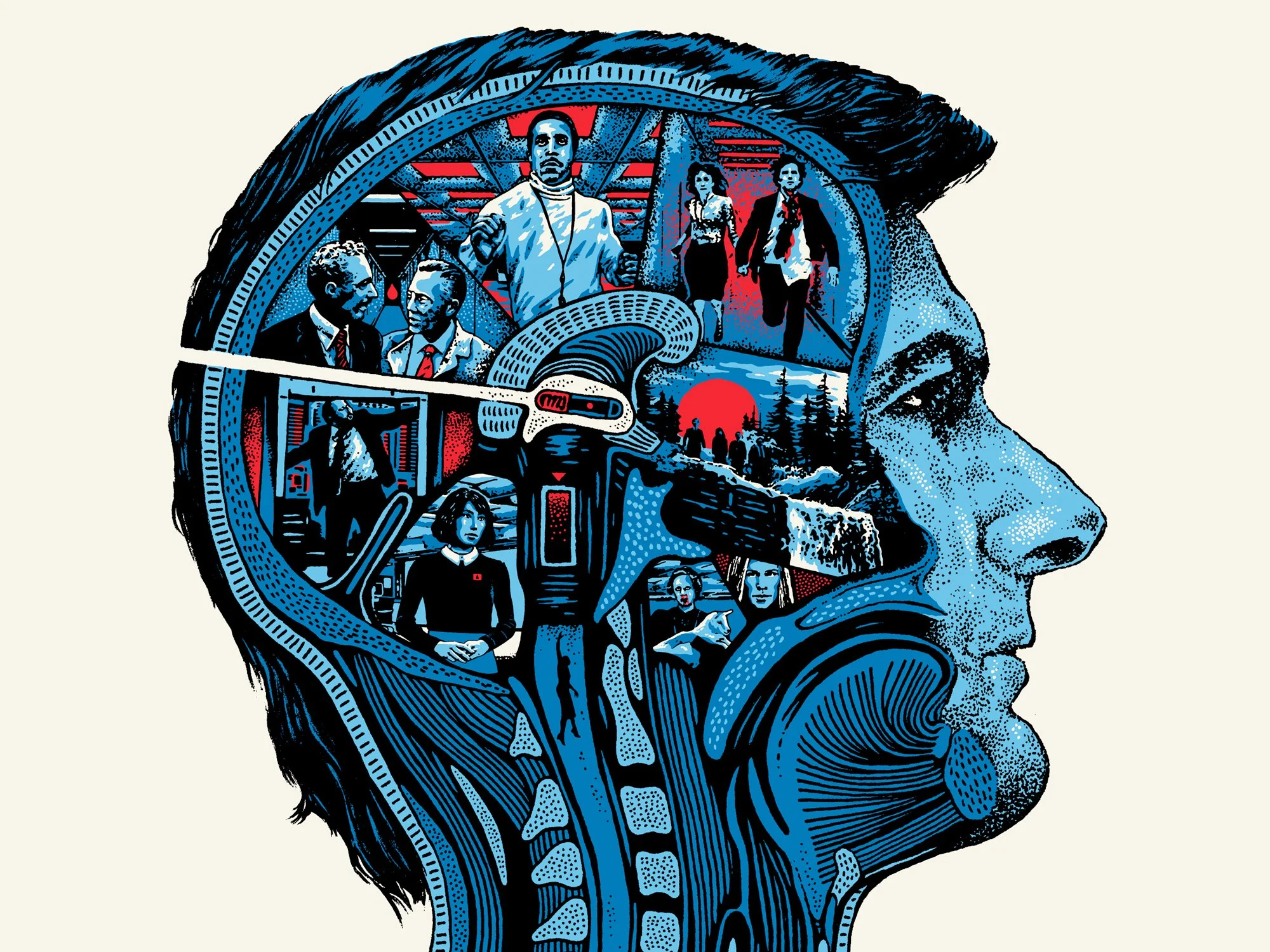 An illustration of a human head in profile view, with various scenes and people inside the brain area, including professionals, scientists, and a landscape with a sunset and trees.