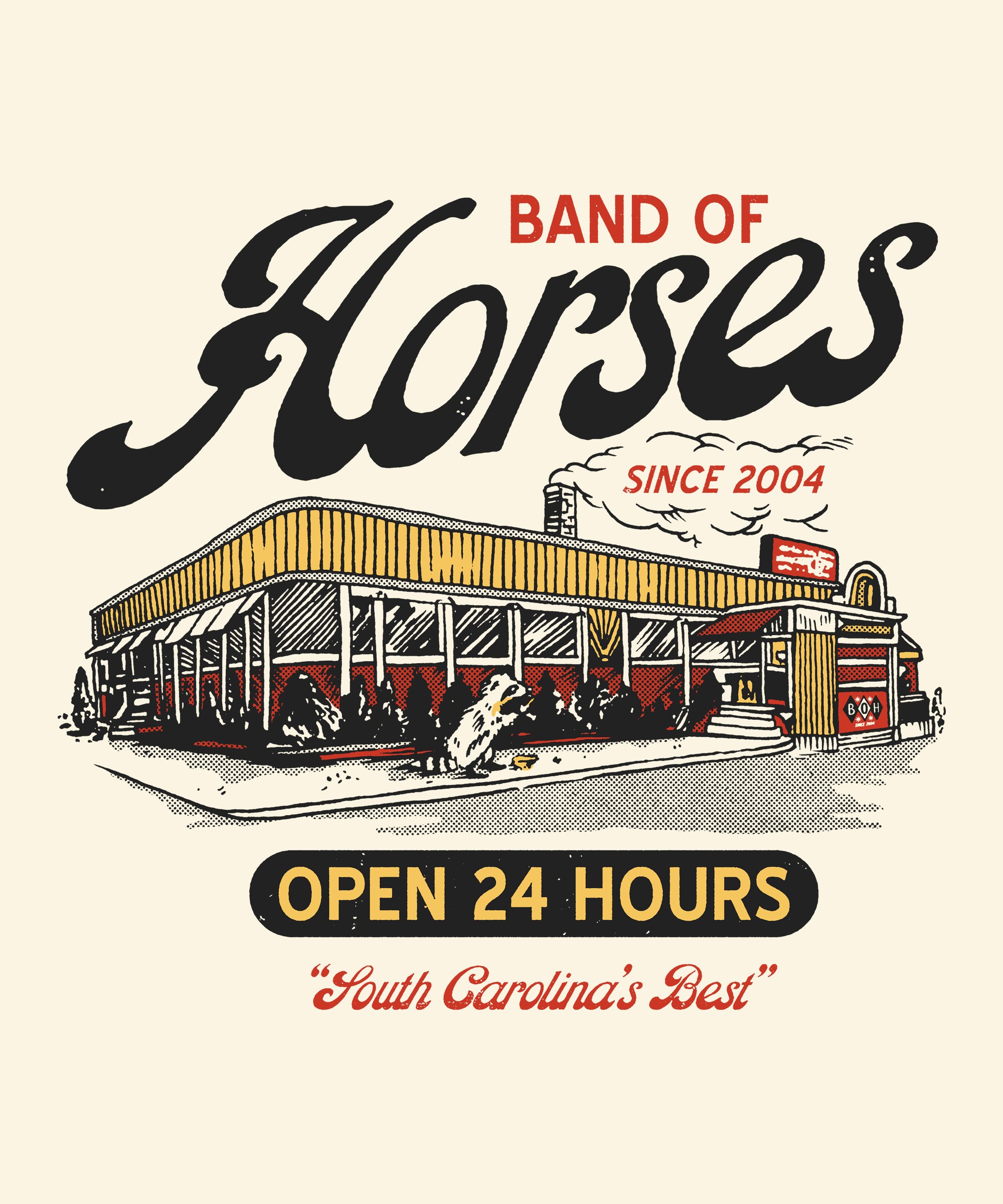 Logo of a restaurant called Band of Horses, emphasizing that it has been open since 2004 and is located in South Carolina, featuring a stylized building and smoking chimney.