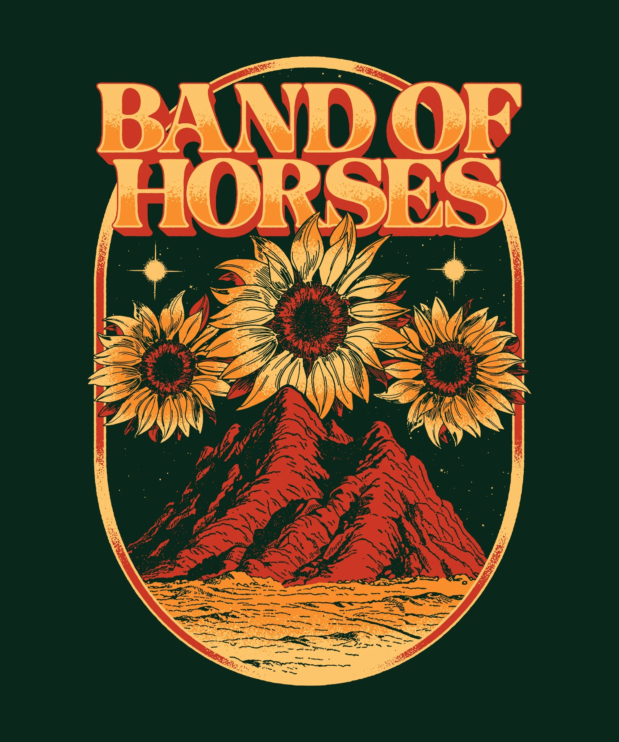 A circular graphic design with the text 'Band of Horses' at the top, featuring a mountain landscape with a river, sunflowers, and a starry night sky in retro style.