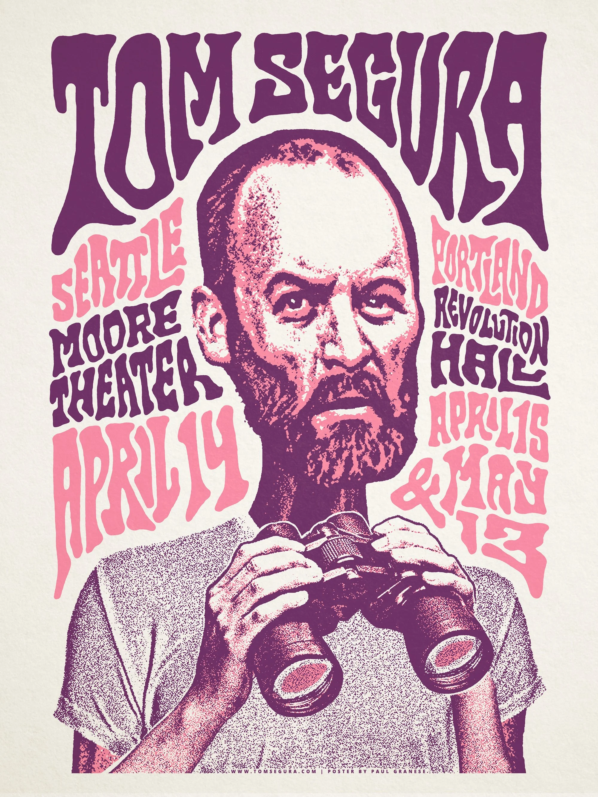 A stylized poster of a man holding binoculars, with words like "HOME SECRET" and "REVOLUTION" surrounding him in pink and purple text.