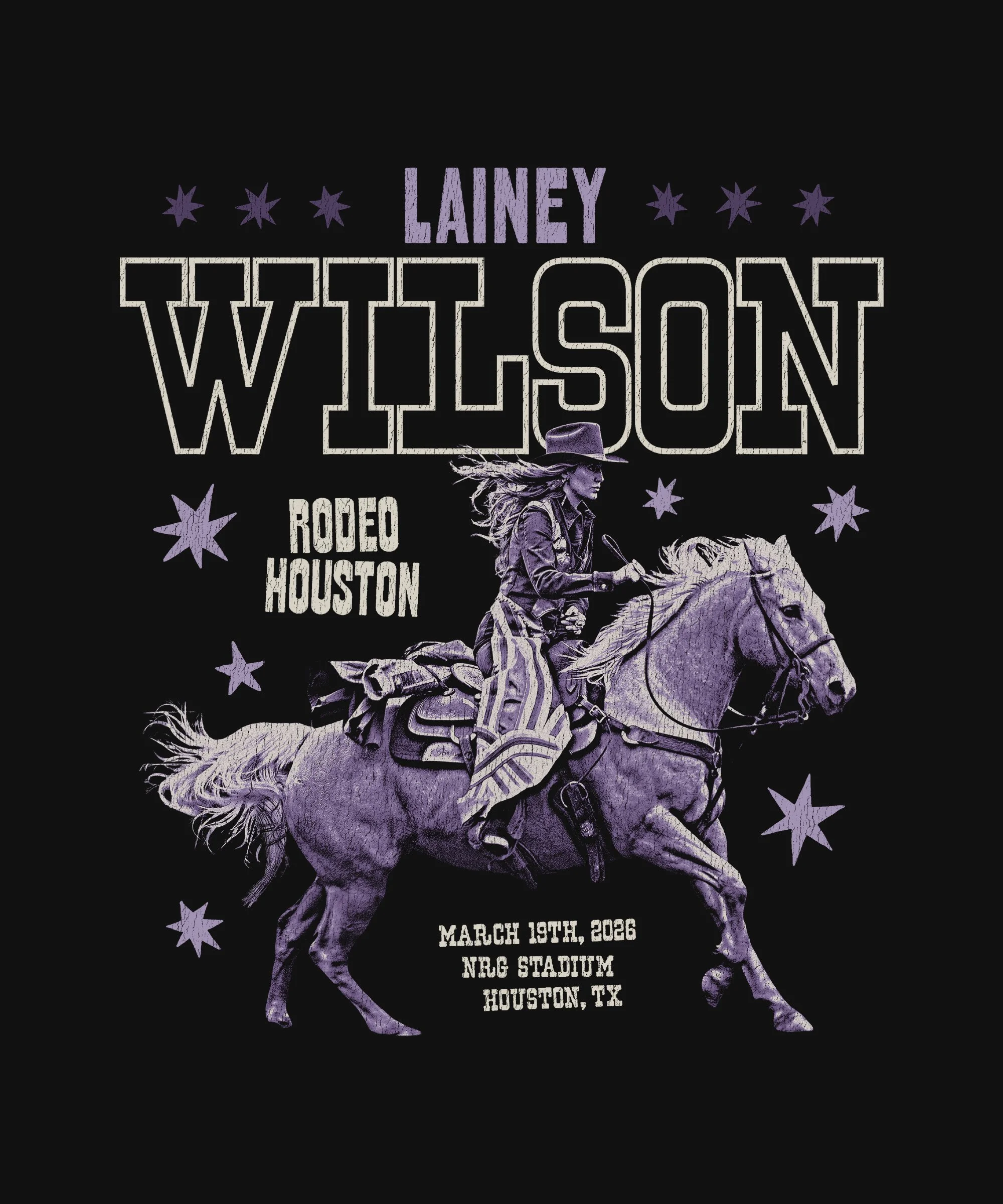 Event poster featuring a cowgirl riding a bucking horse, with text highlighting Lainey's rodeo event in Houston, Texas on March 19th, 2026, at NRG Stadium, surrounded by purple stars on a black background.