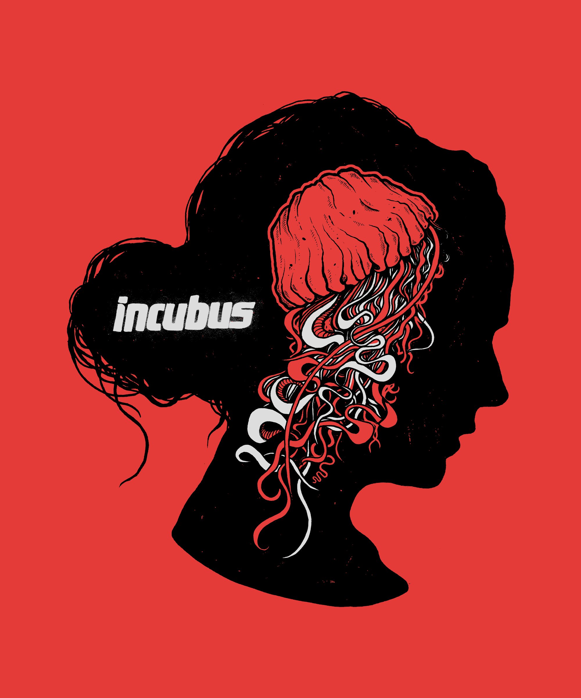 Silhouette of a woman's head in profile with a colorful, abstract illustration of a brain and flowing tentacle-like elements emerging from it, set against a red background. The word 'incubus' appears partially visible in the lower left.