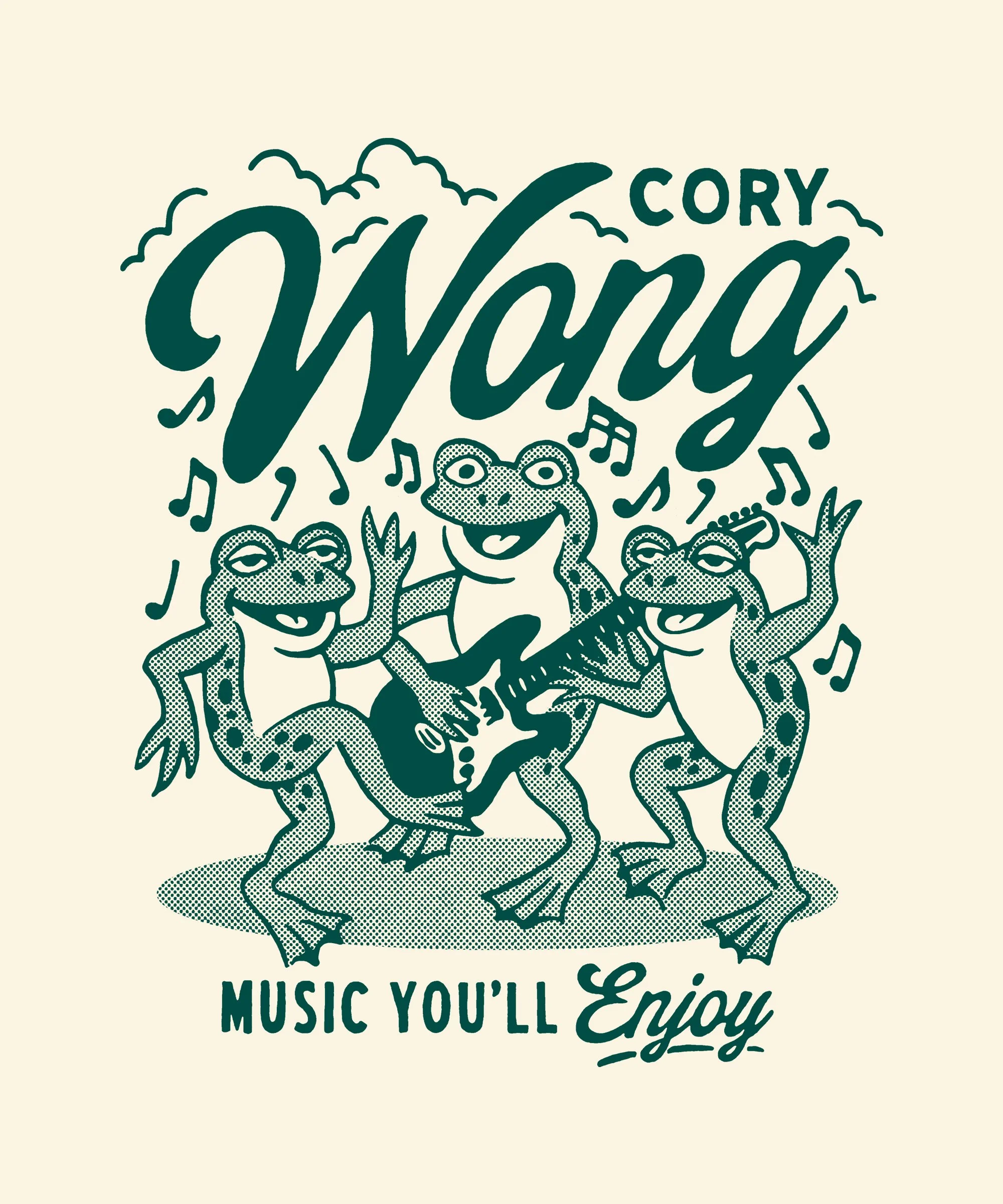 A retro-style illustration of three frogs playing guitars surrounded by musical notes with the text 'CORY' and 'Enjoy' and the phrase 'Music you'll enjoy' at the bottom.