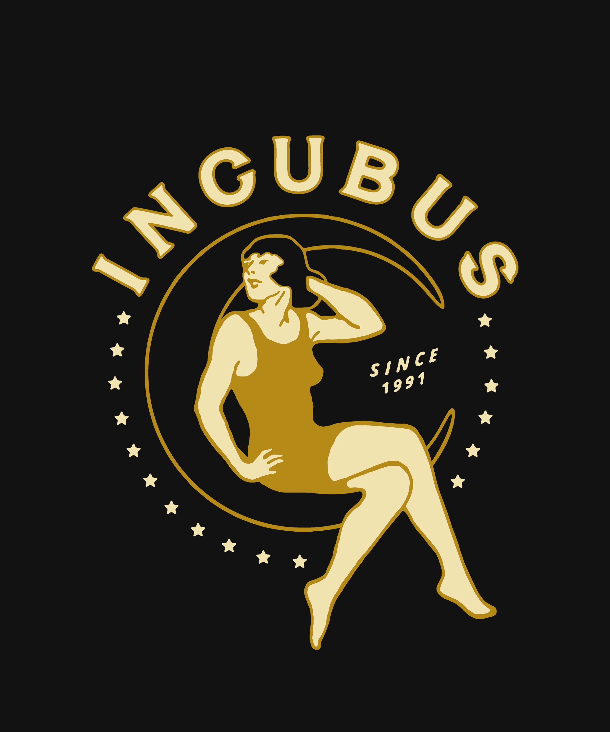 Gold-colored illustration of a woman with her hand behind her head, in front of a circular background with the words 'NUBI CUBUS' and 'SINCE 1991,' surrounded by small stars, on a black background.