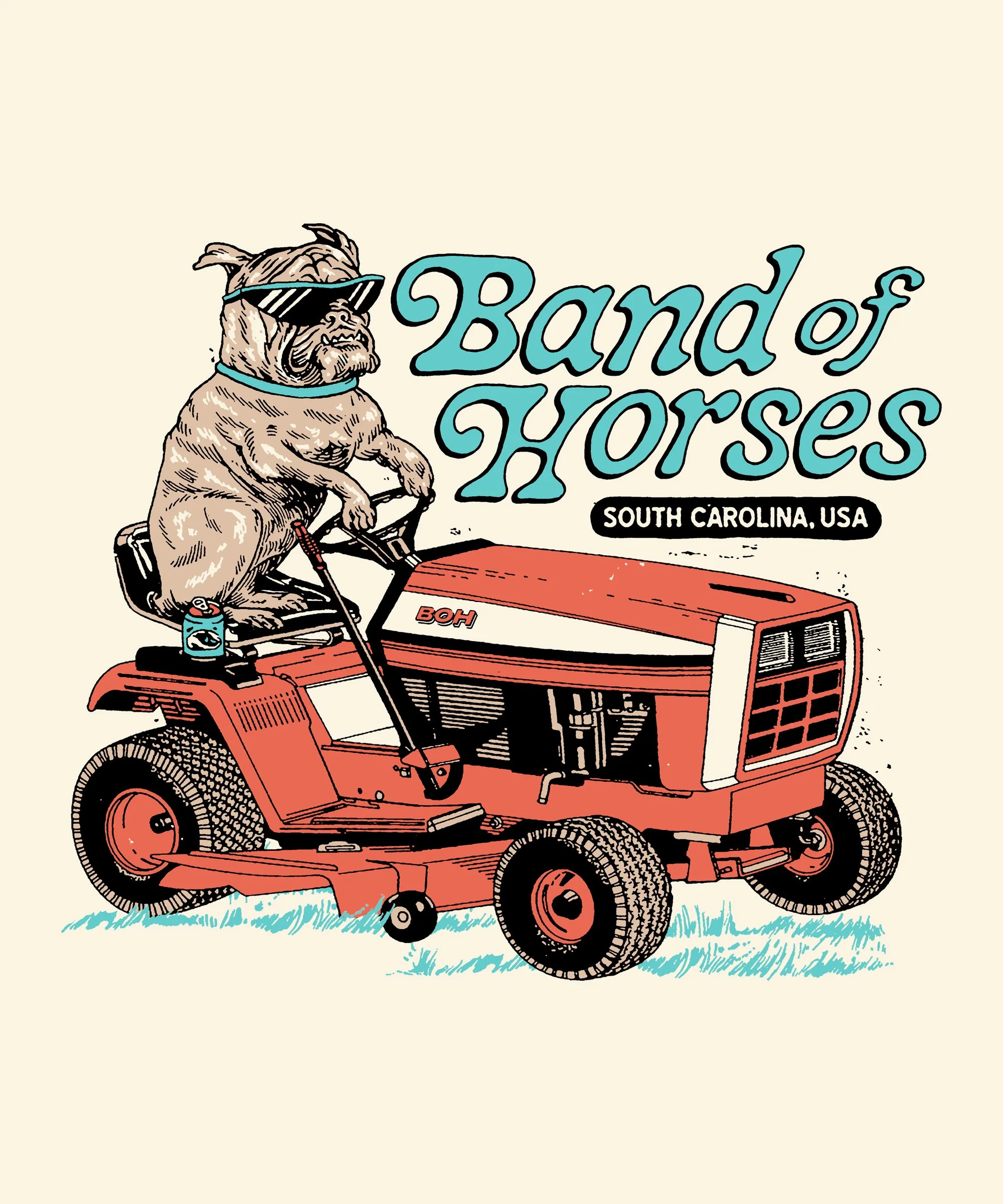 A dog wearing sunglasses riding a lawn mower with the text 'Band of Horses' and 'South Carolina, USA'