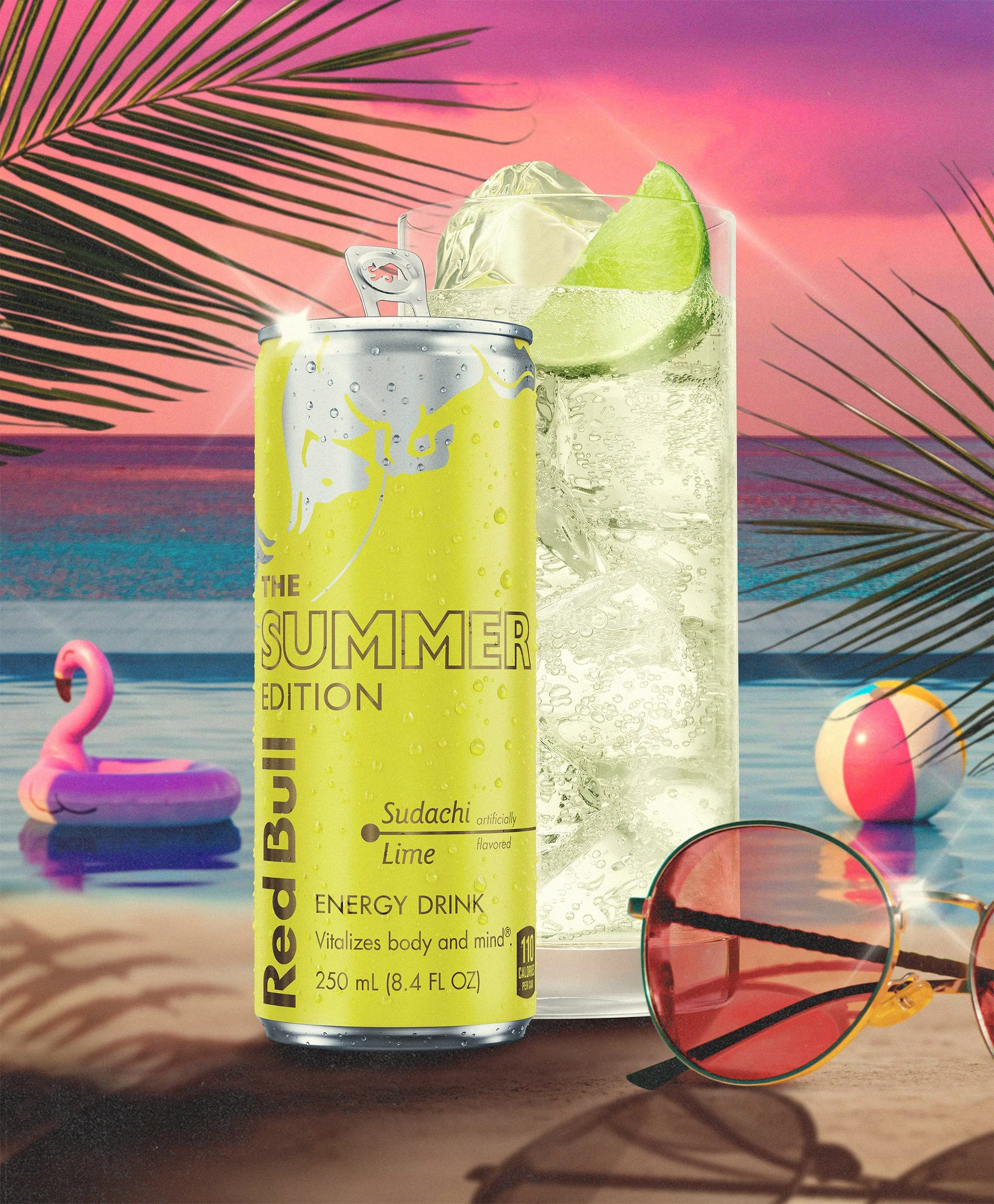 A yellow energy drink can labeled 'The Slammer Summer Edition' with a smiling sun illustration, a can of clear soda with lime wedge and ice cubes inside, a pair of pink flamingo pool floaties, and pink sunglasses with a colorful string, all set against a sunset sky and ocean backdrop with palm leaves in the foreground.