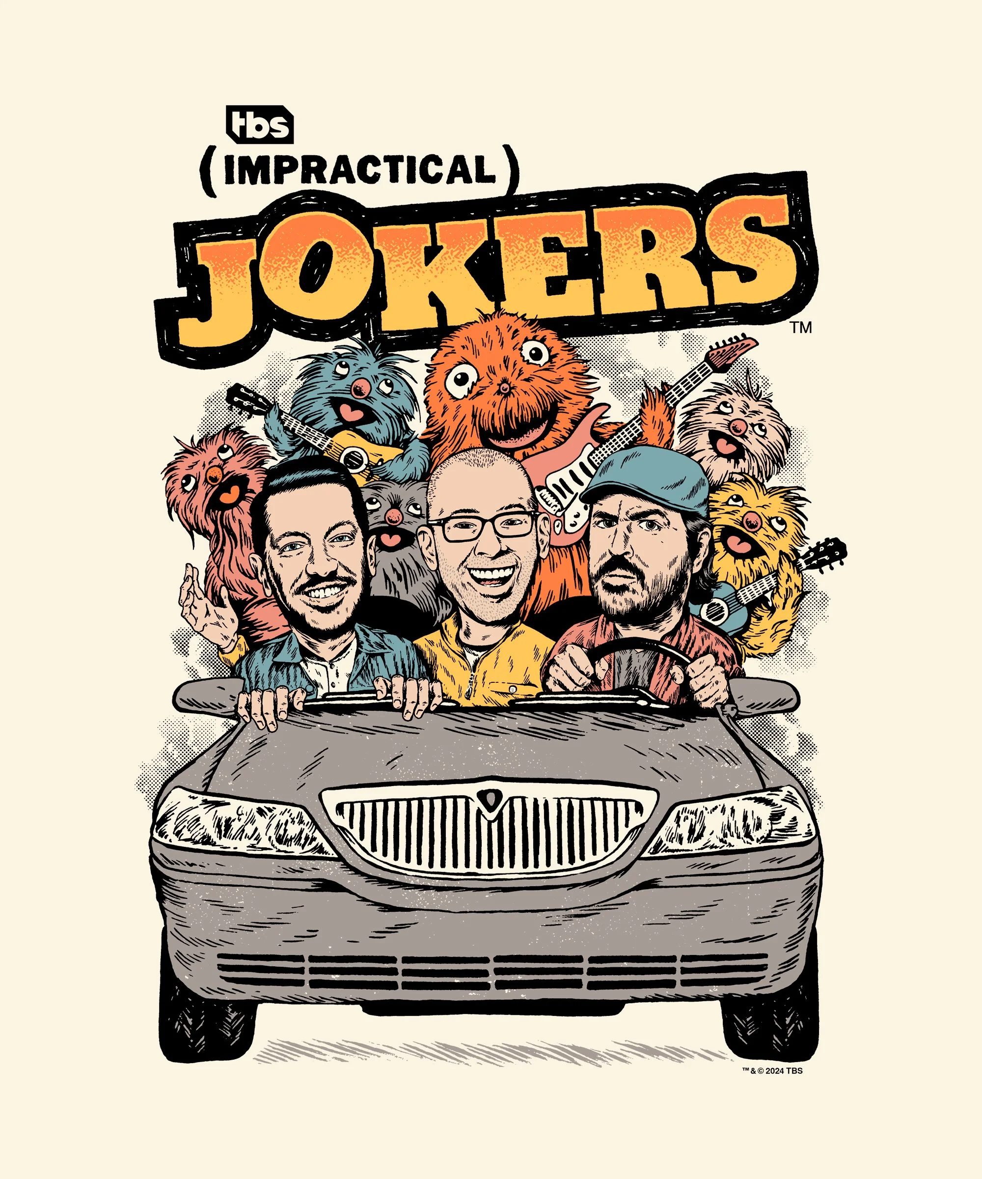 Illustration of the television show 'Impractical Jokers' featuring four men inside a car with some manic puppets and characters surrounding them, with the show's logo at the top.