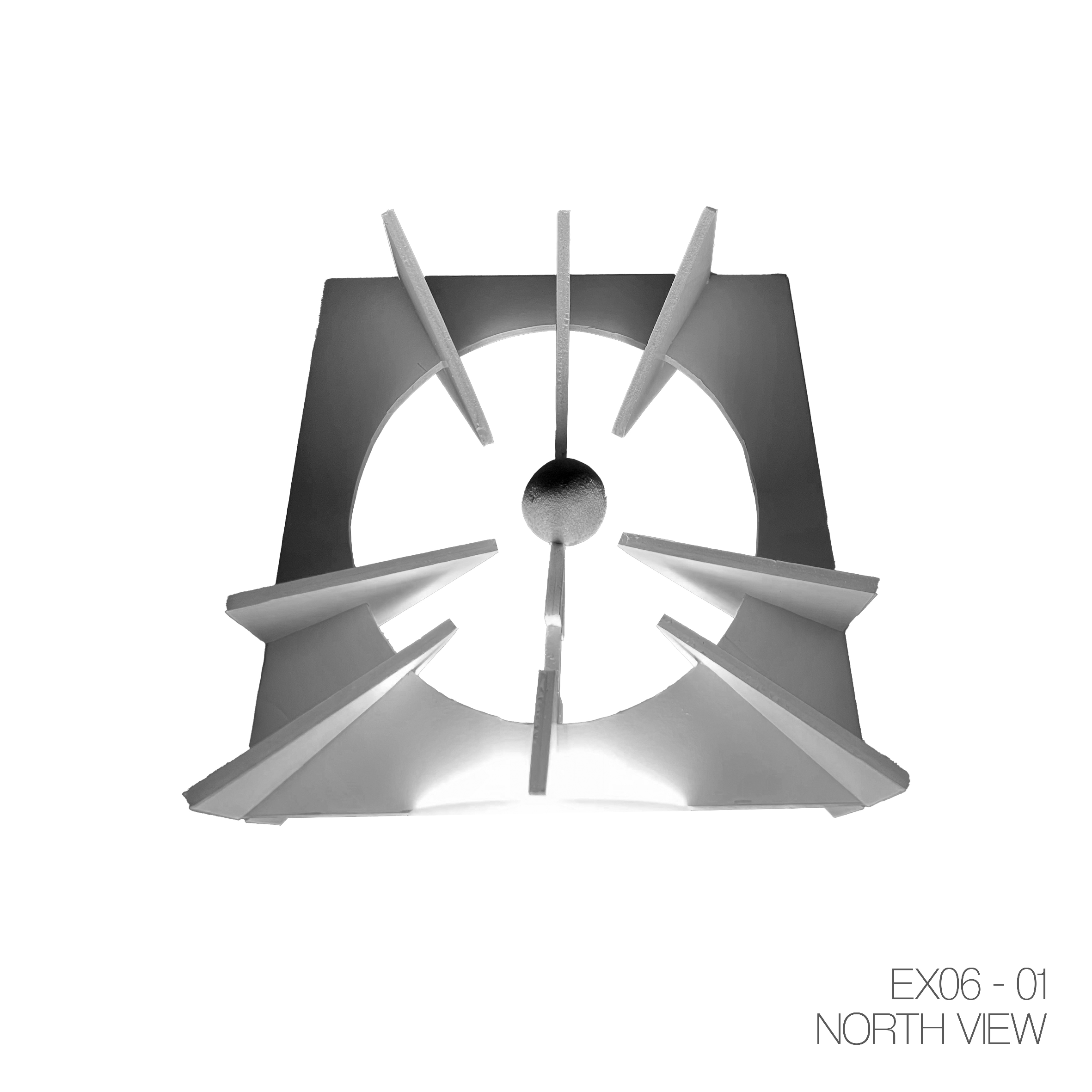 A black and white photograph of a modern, geometric ceiling light fixture with multiple angled panels, viewed from below, labeled 'EX06-01 NORTH VIEW' in the bottom right corner.